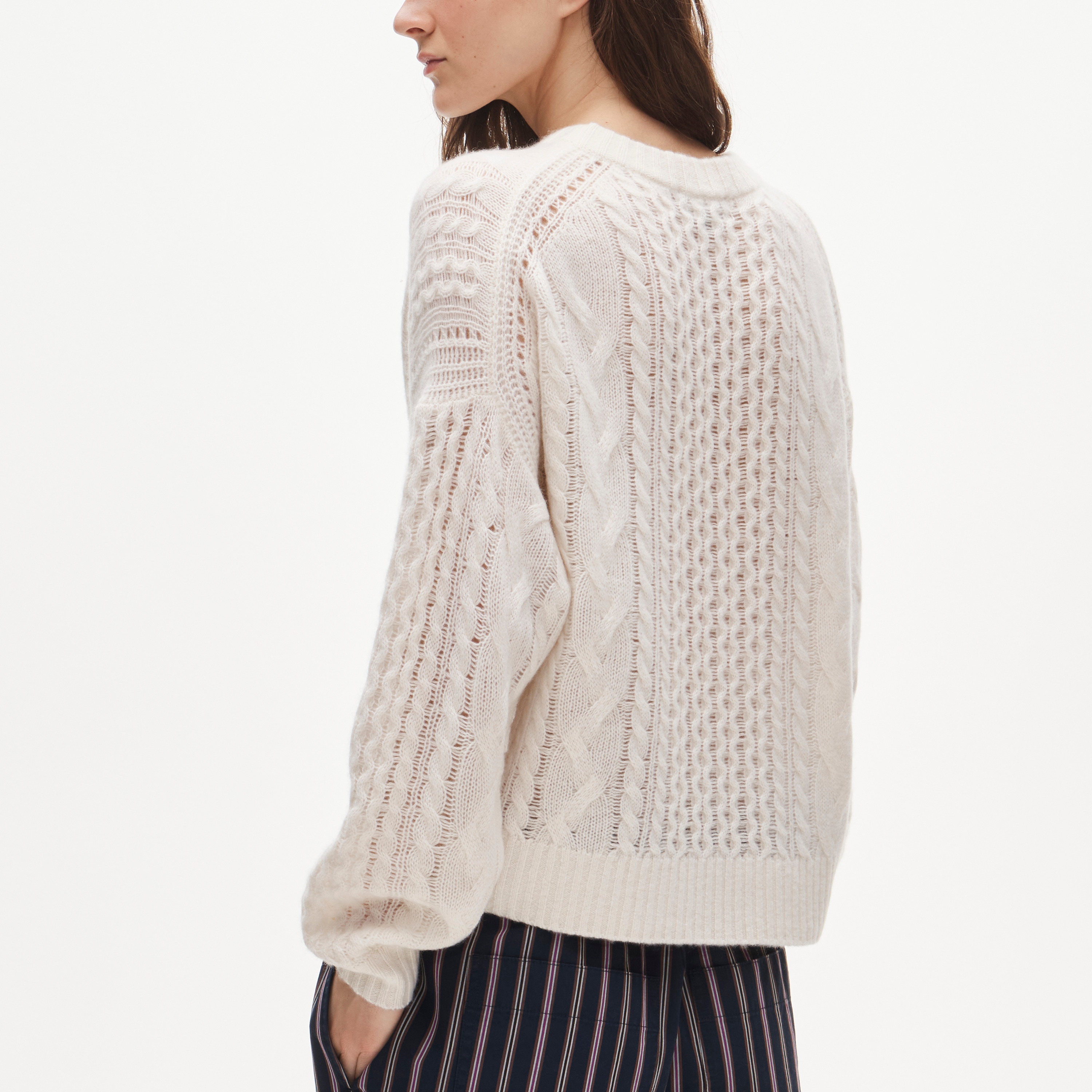 Cashmere cable-knit blouson-sleeve sweater