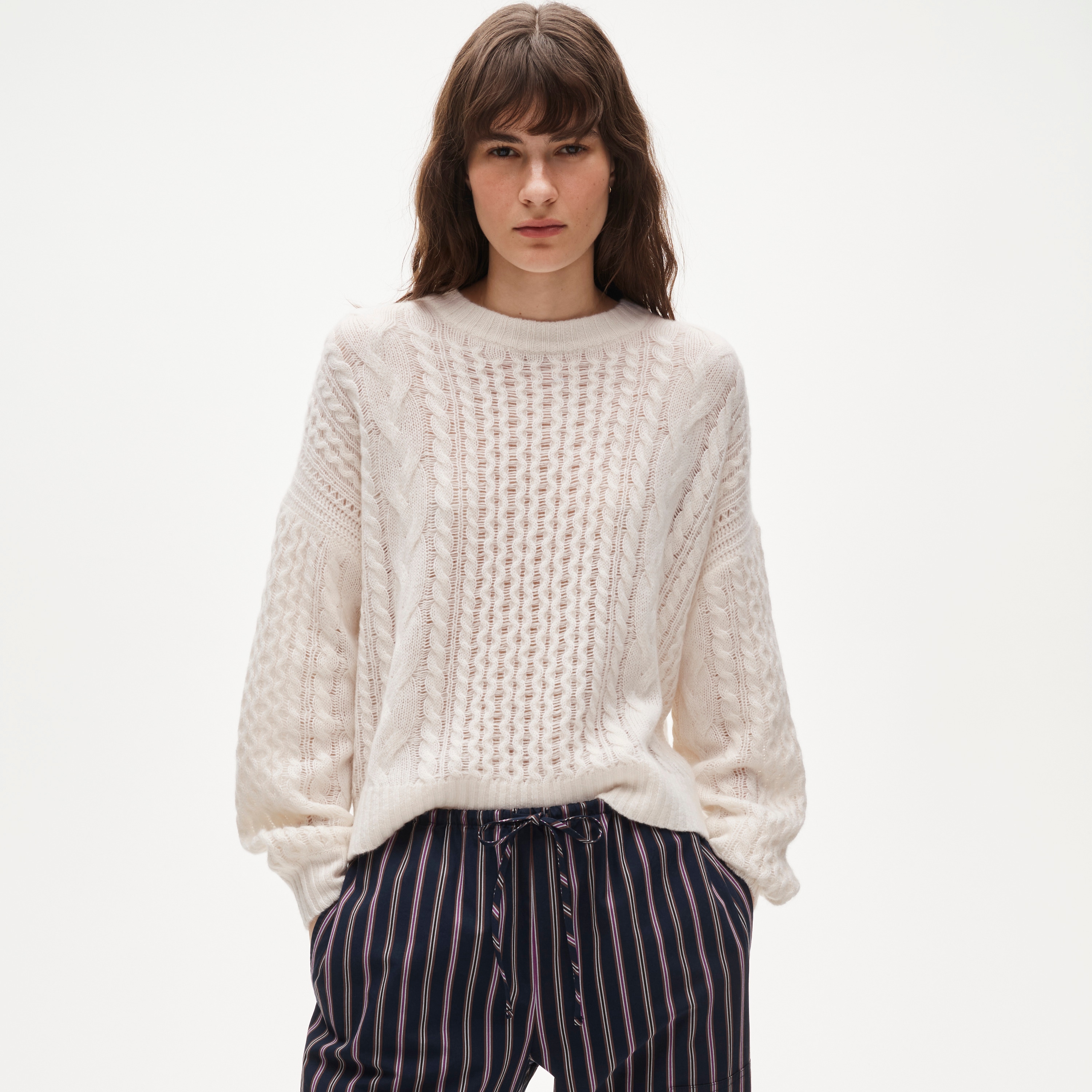 Cashmere cable-knit blouson-sleeve sweater