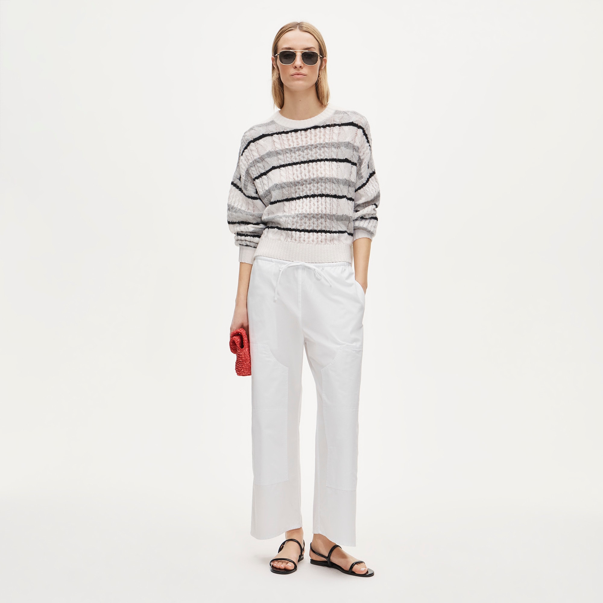 Cashmere cable-knit blouson-sleeve sweater in stripe