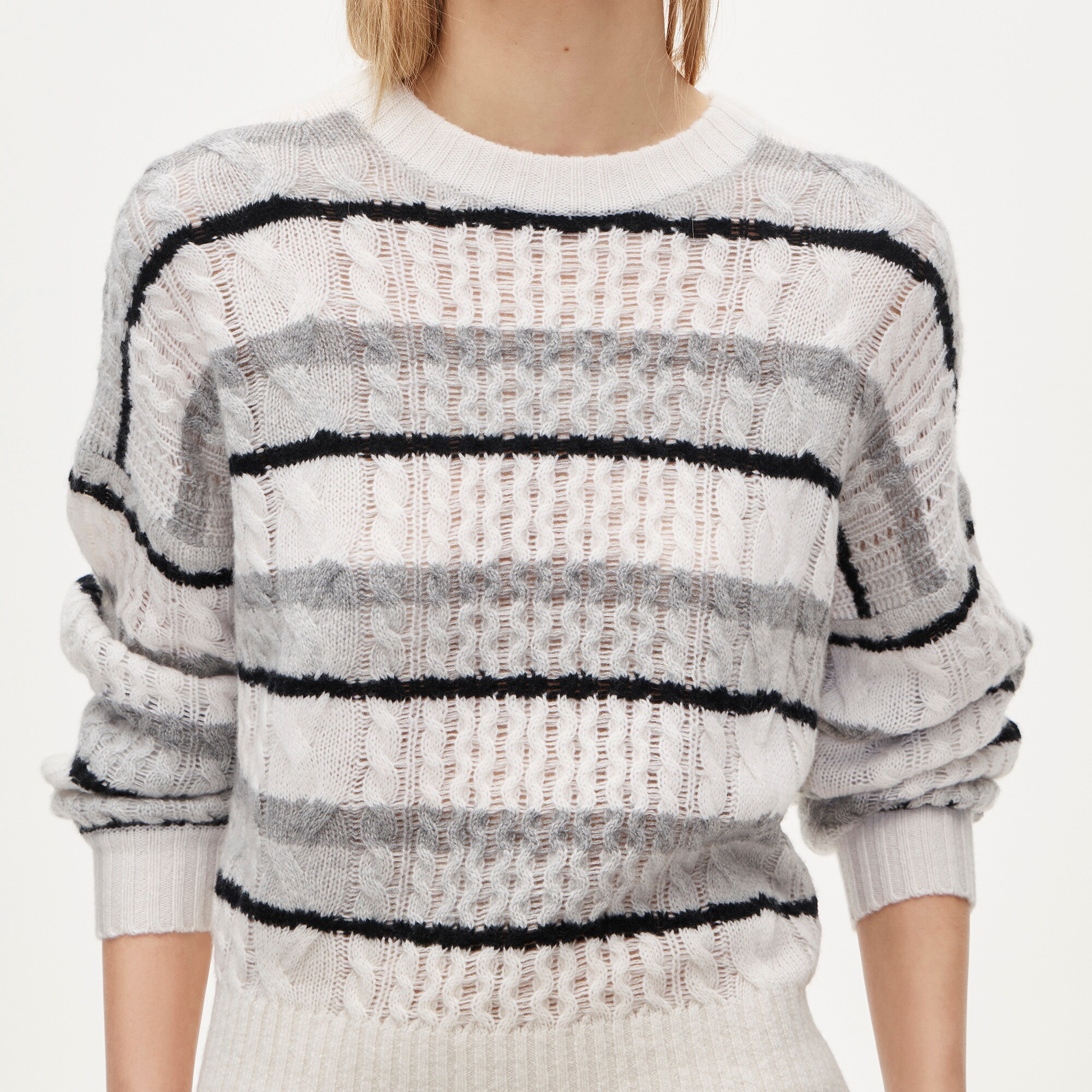 Cashmere cable-knit blouson-sleeve sweater in stripe
