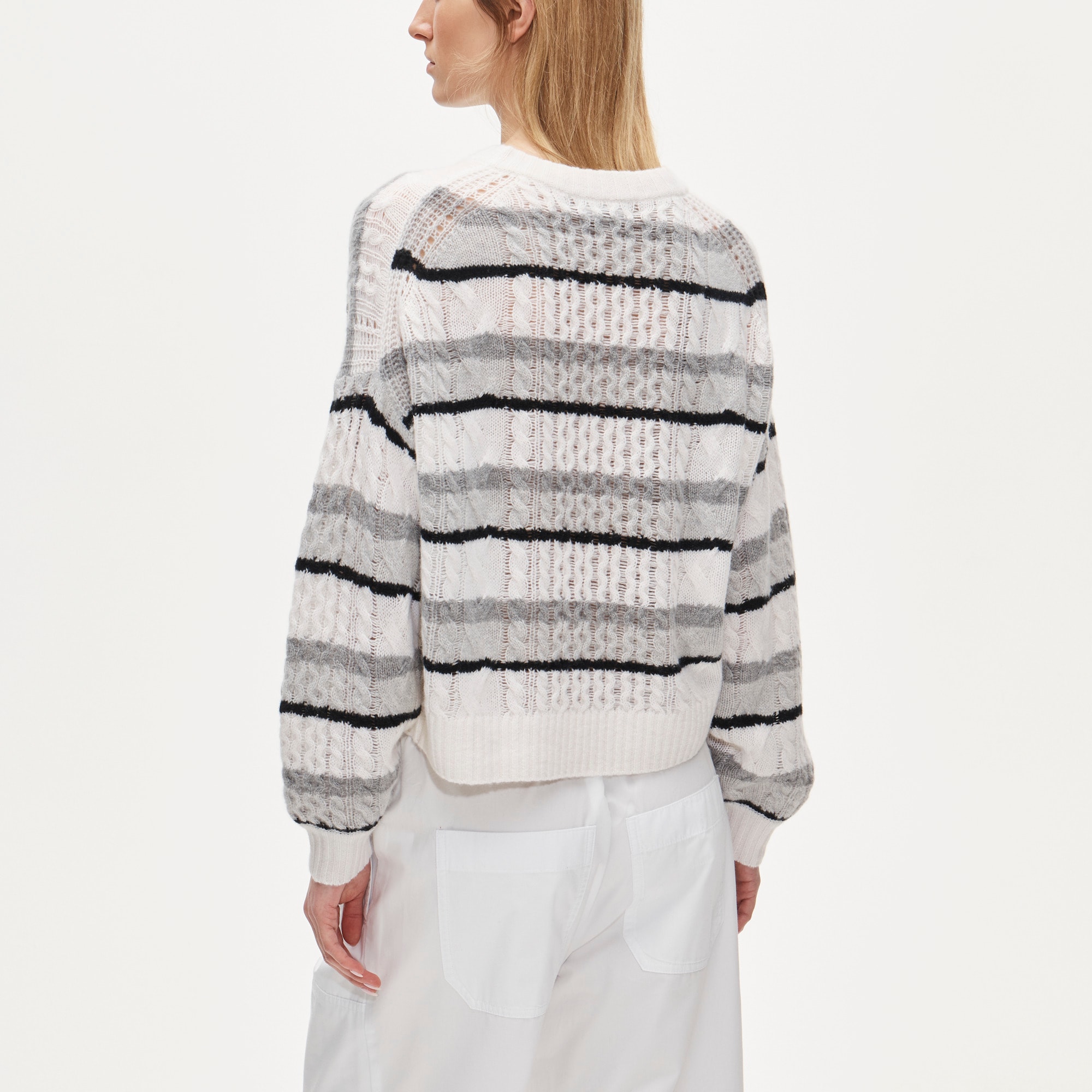 Cashmere cable-knit blouson-sleeve sweater in stripe