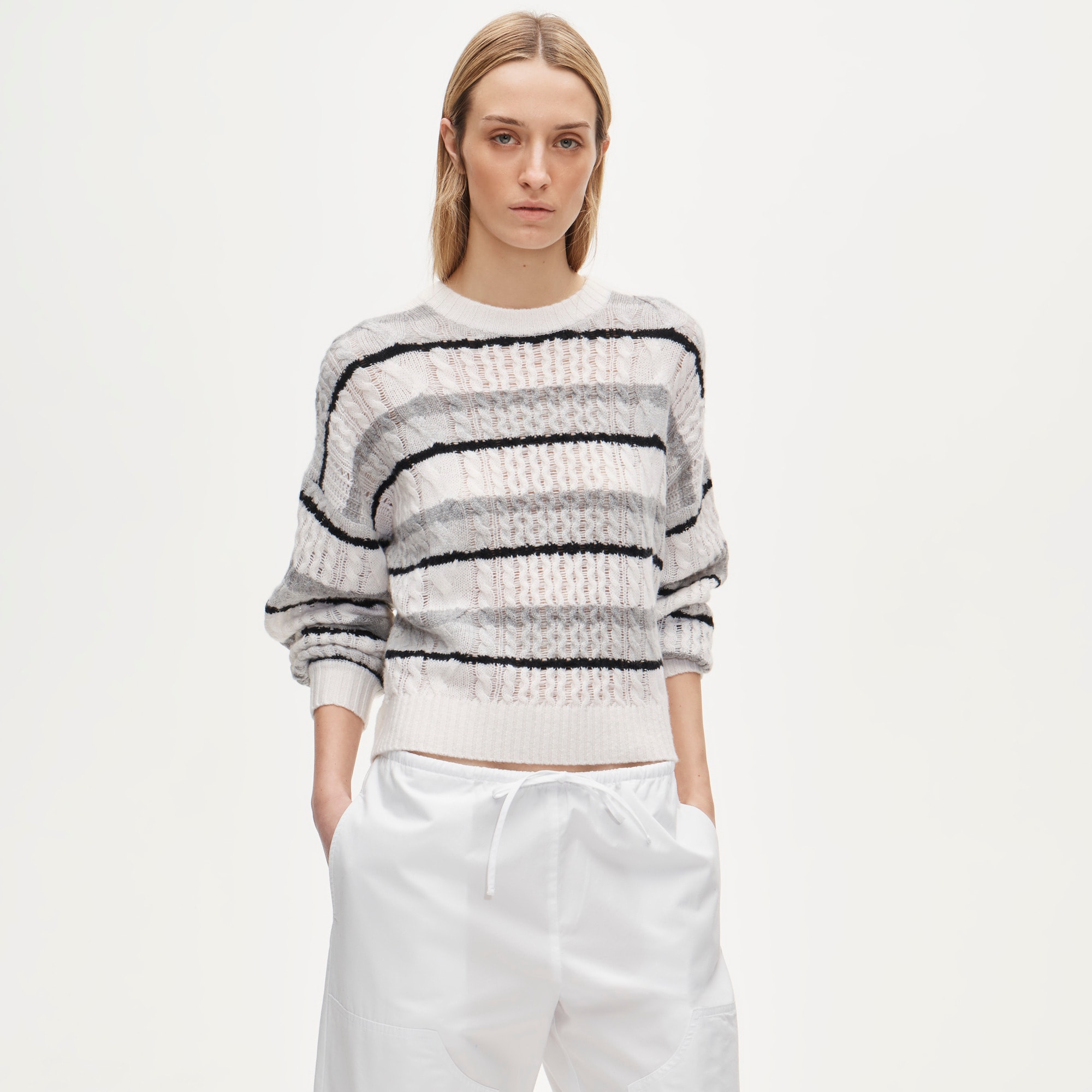 Cashmere cable-knit blouson-sleeve sweater in stripe - image 2