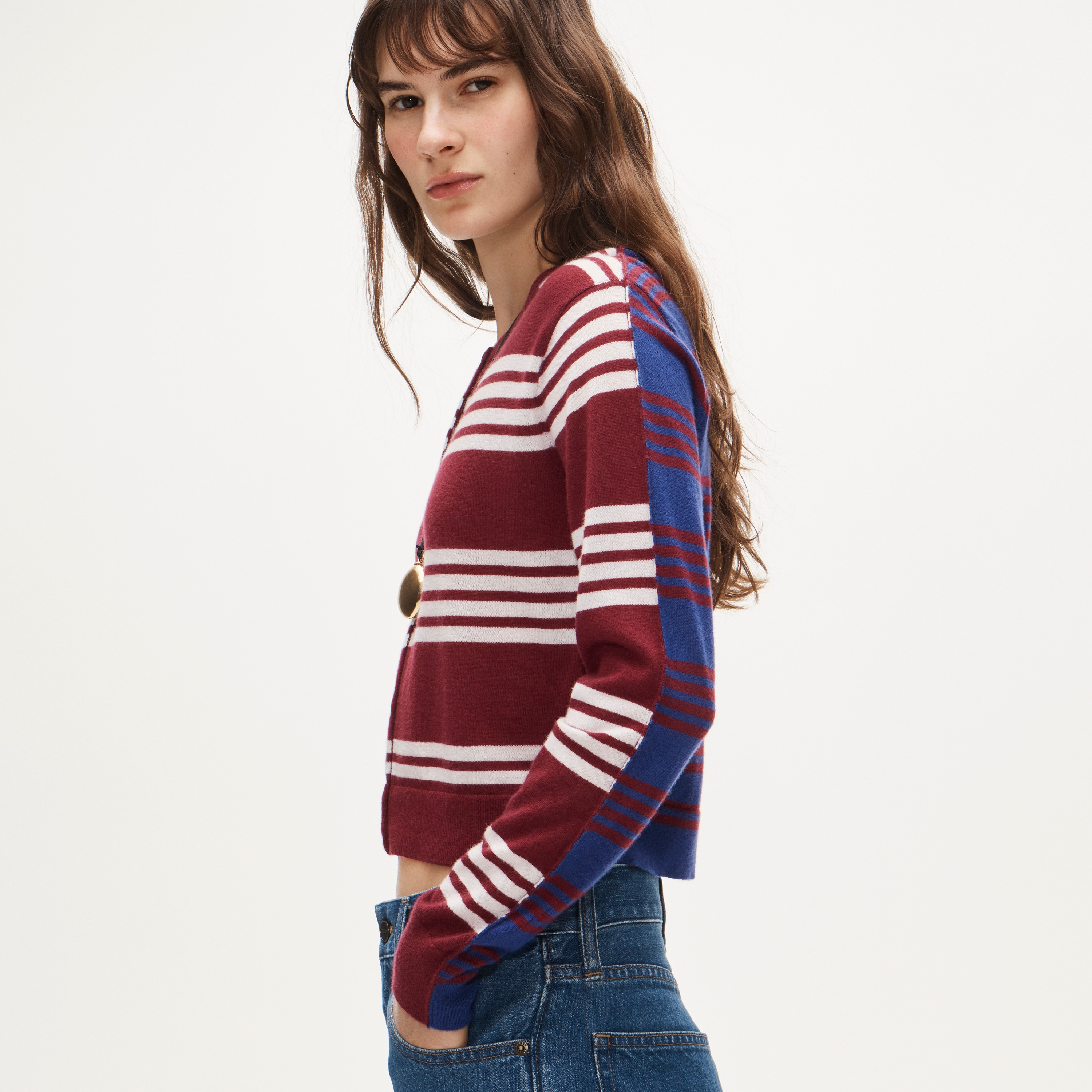 Featherweight cashmere cardigan in mixed stripe