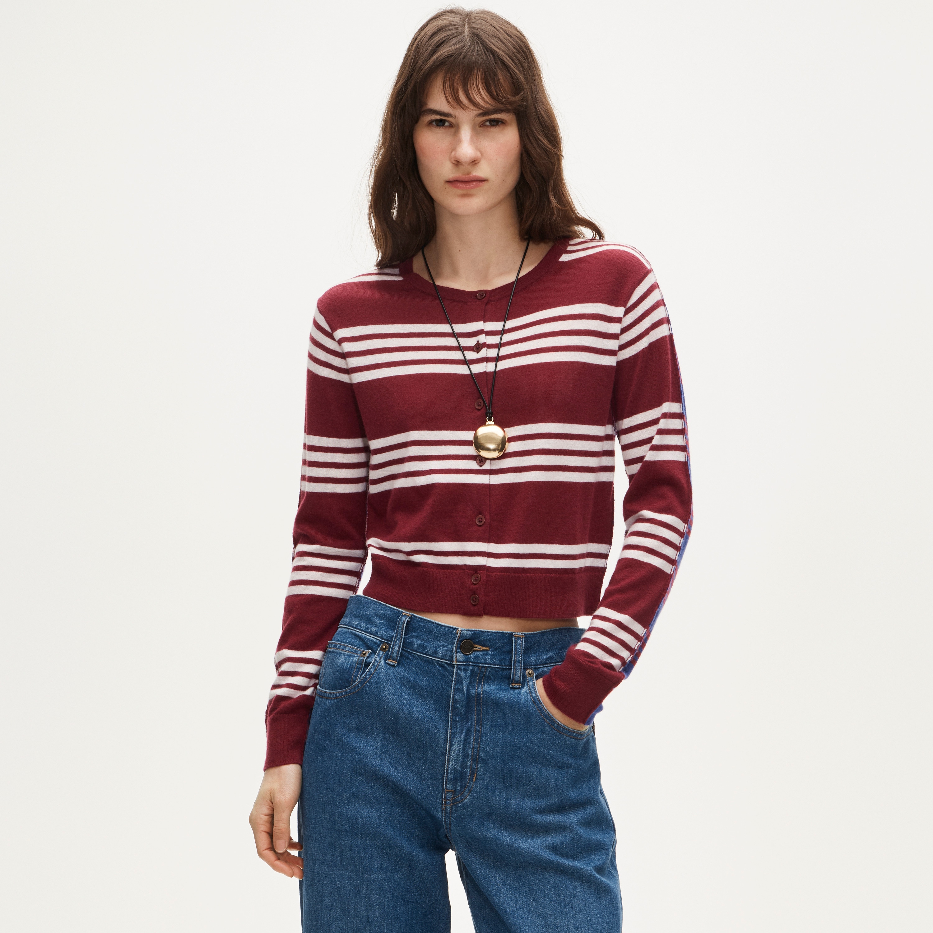Featherweight cashmere cardigan in mixed stripe - image 2