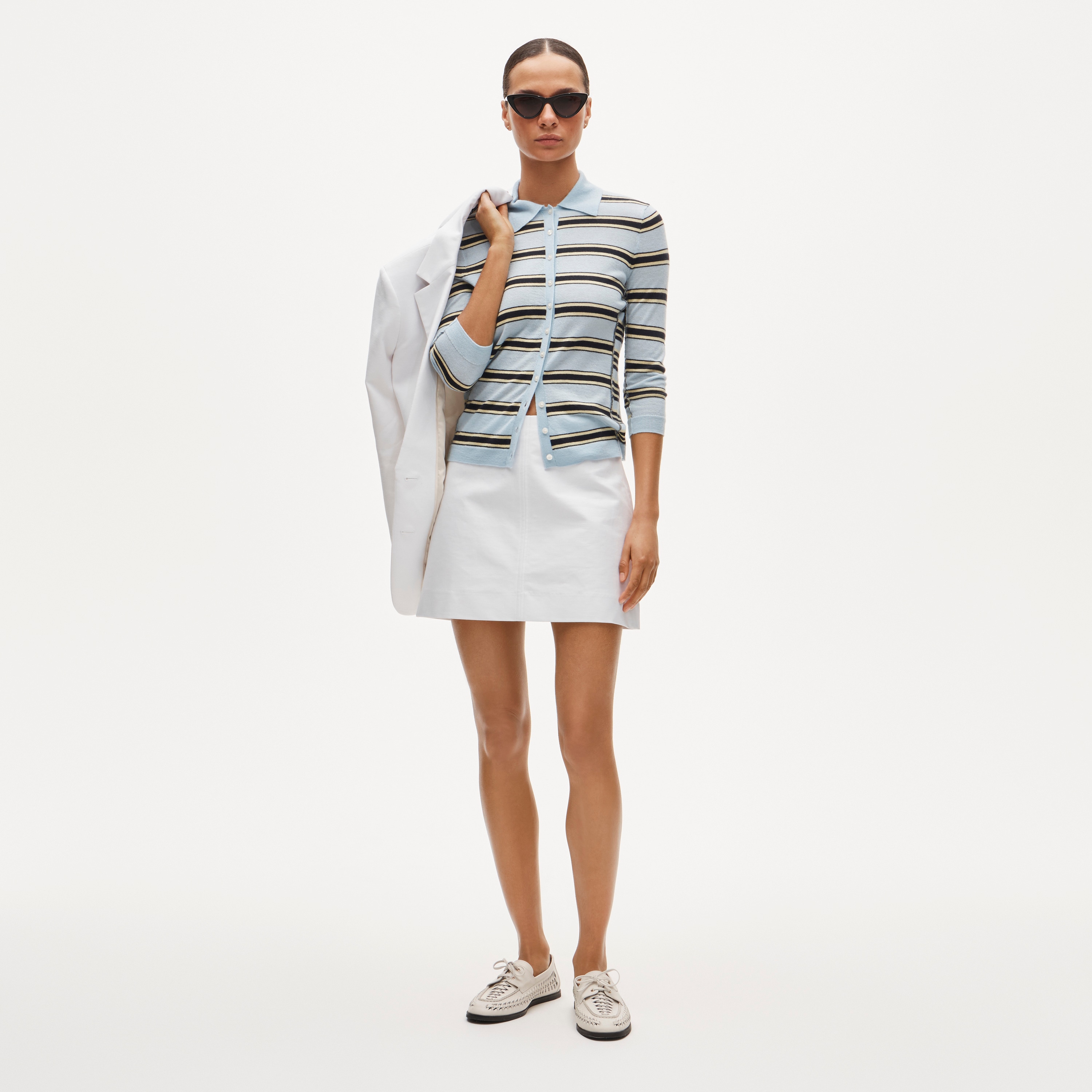 Featherweight cashmere collared cardigan in mixed stripe