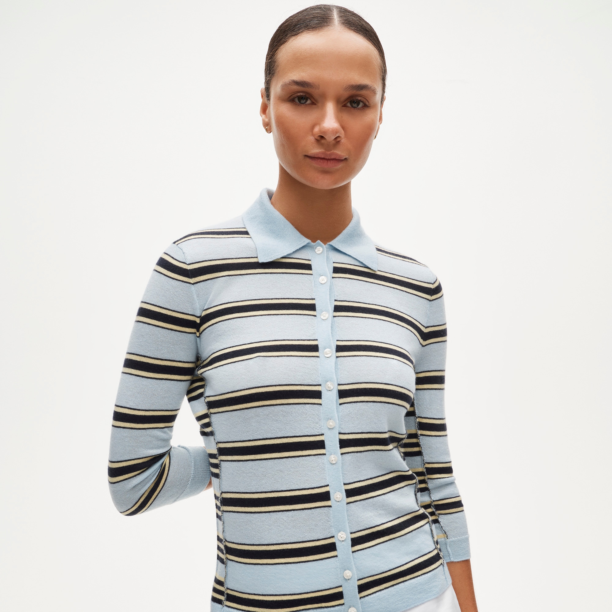 Featherweight cashmere collared cardigan in mixed stripe