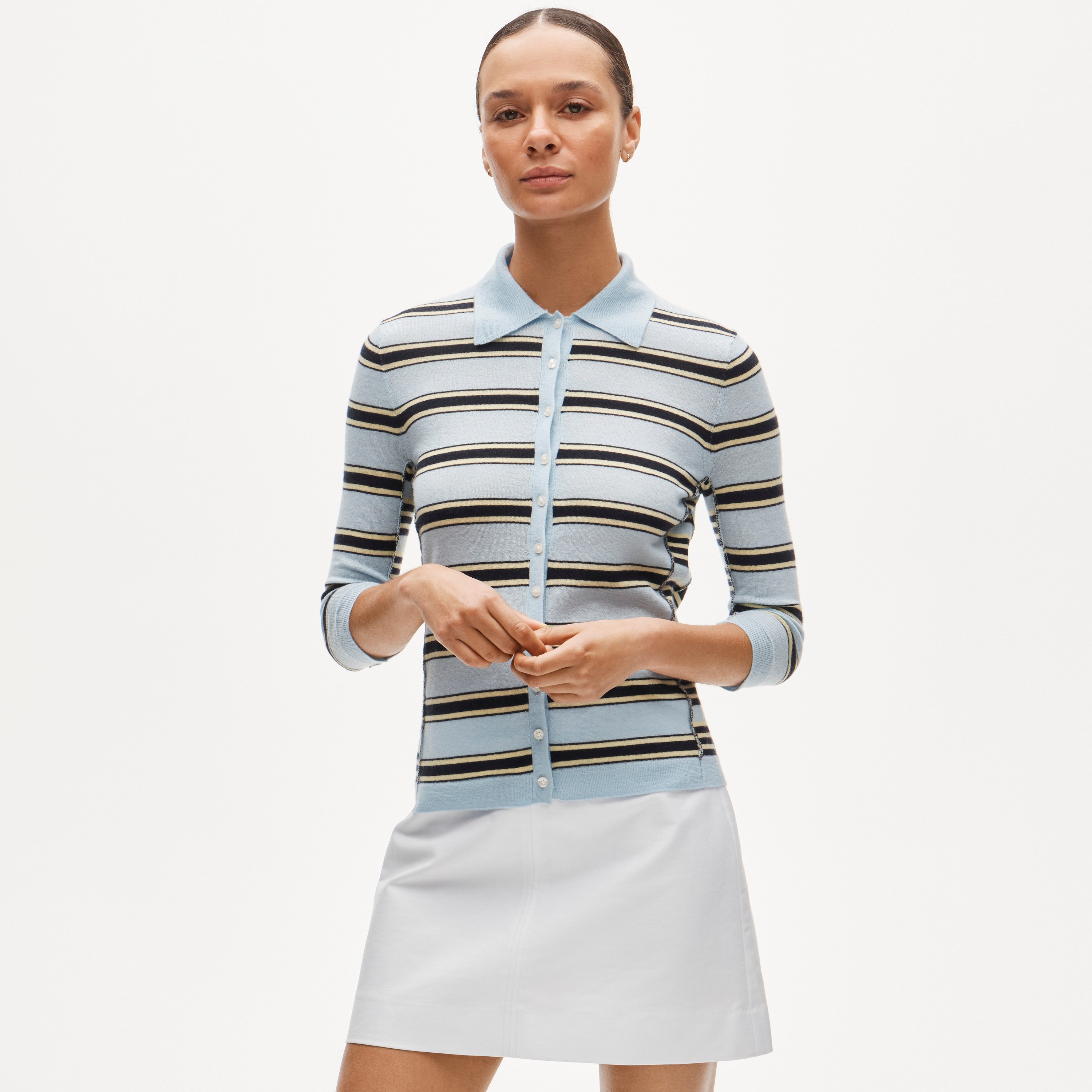 Featherweight cashmere collared cardigan in mixed stripe - image 2