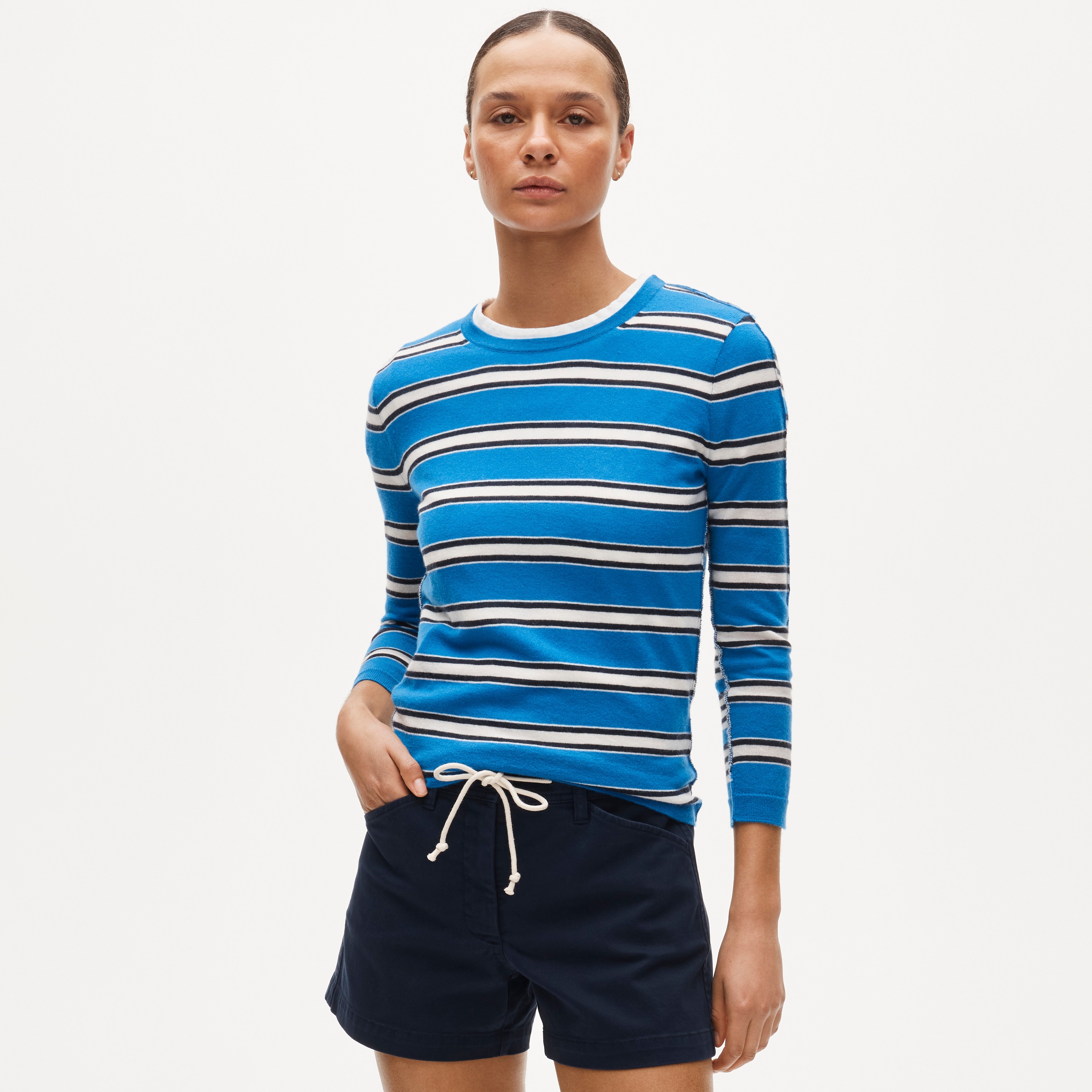 Featherweight cashmere crewneck in mixed stripe