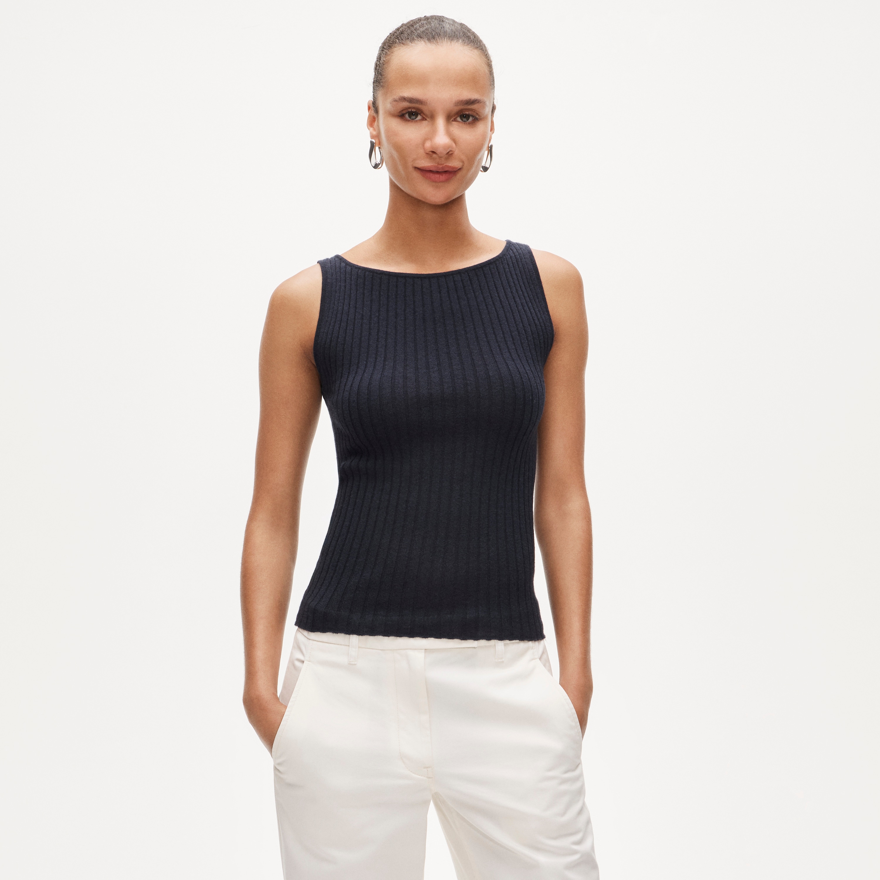 Featherweight cashmere boatneck ribbed tank top