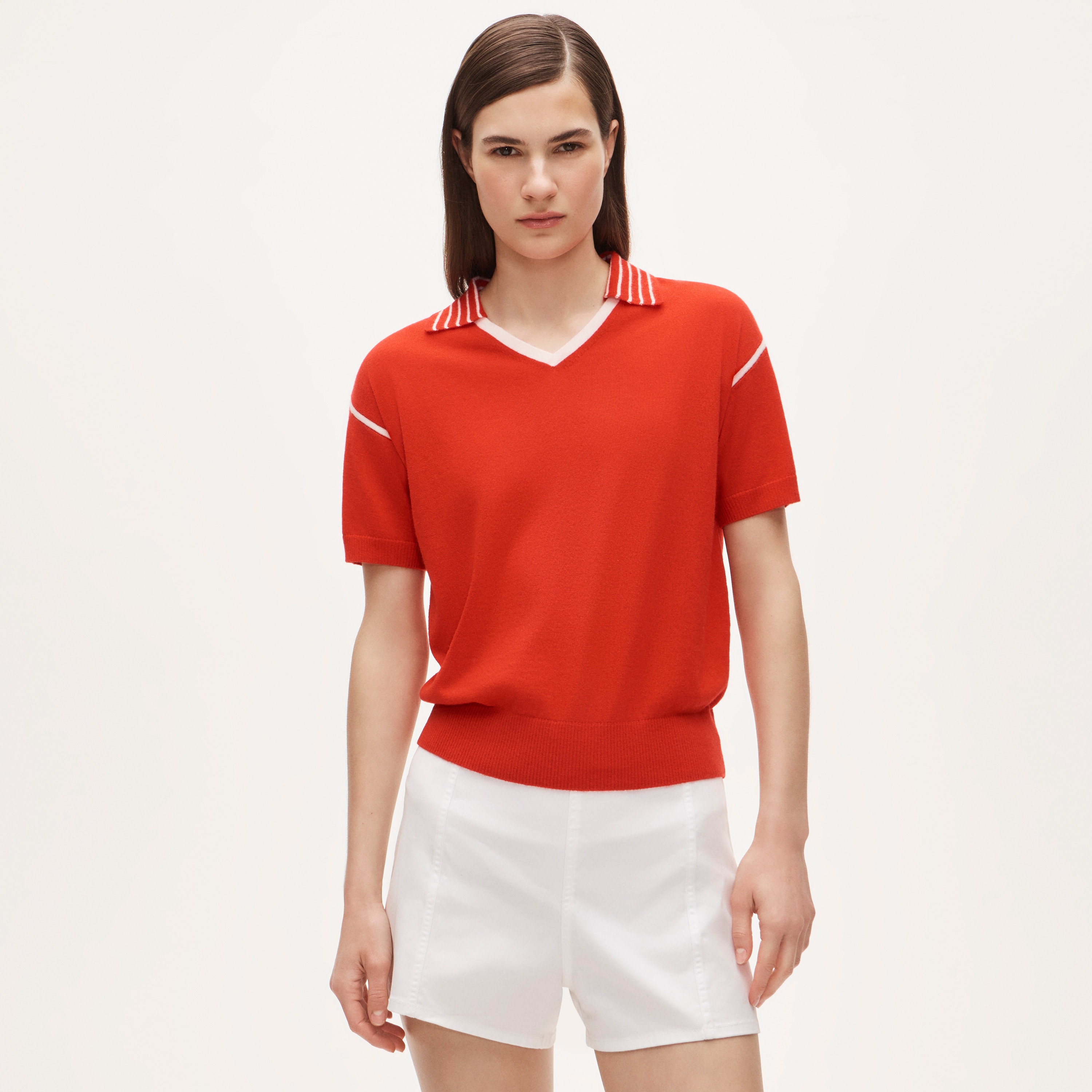 Featherweight cashmere high V-neck sweater-polo
