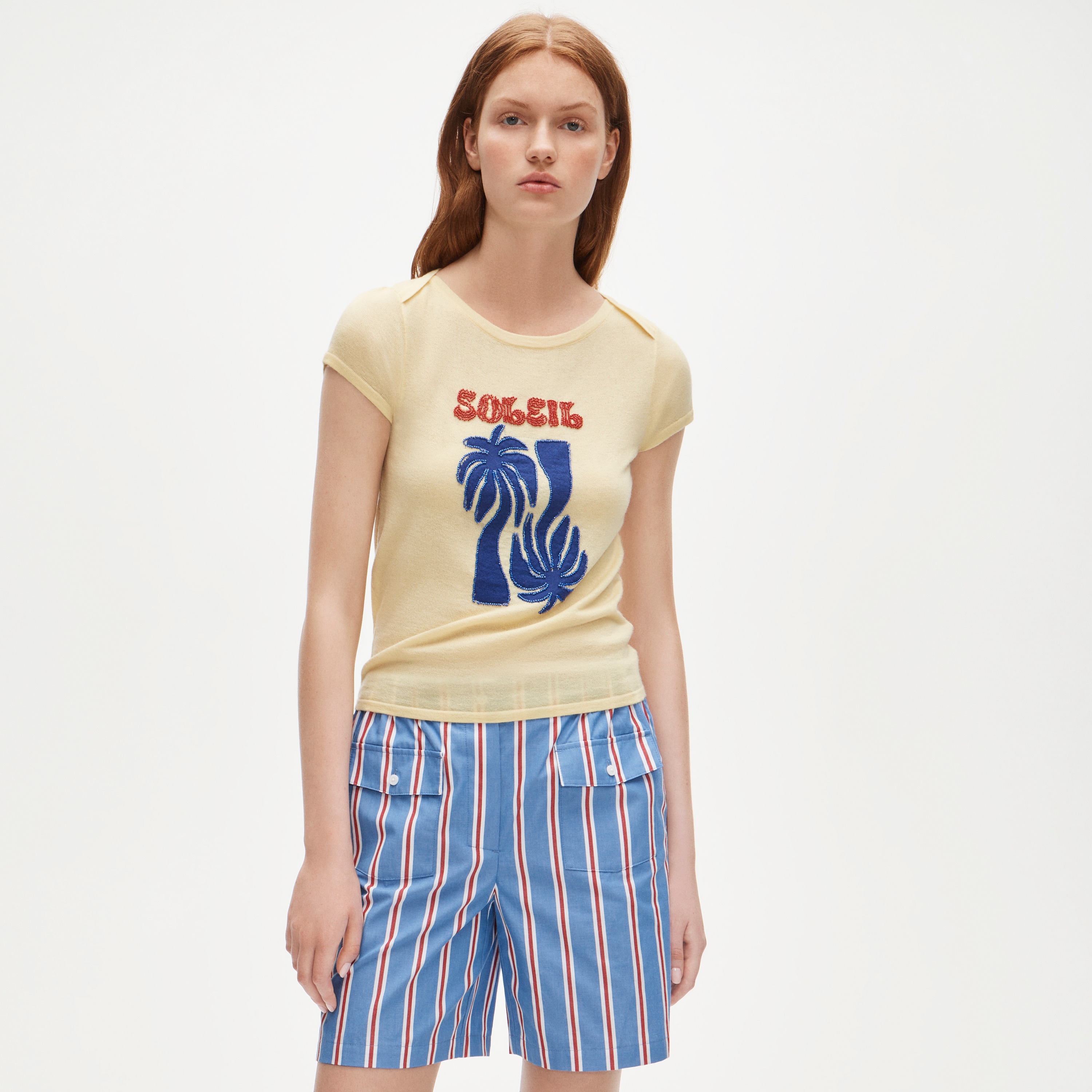 Featherweight cashmere beaded "Soleil" graphic sweater-tee