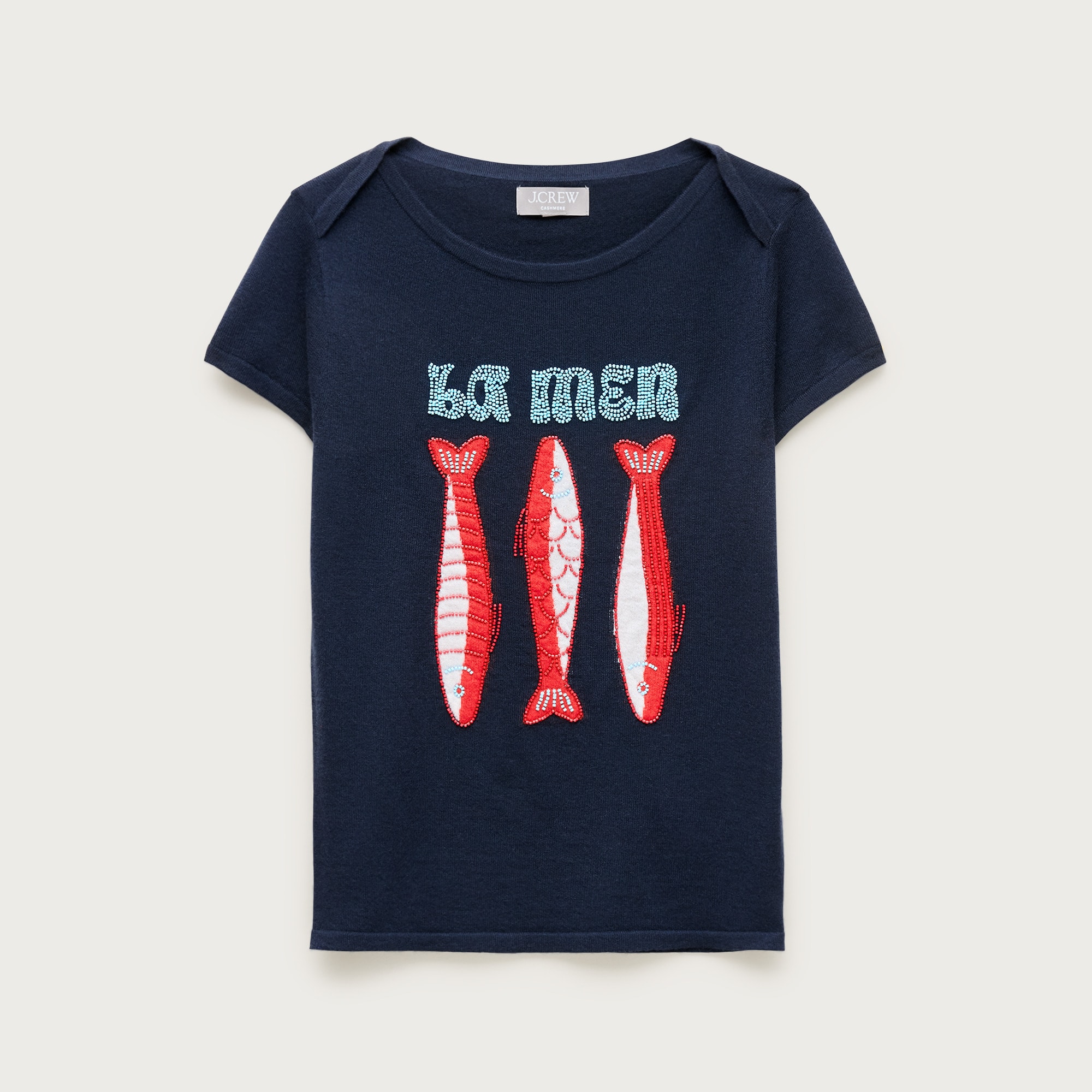 Featherweight cashmere beaded "La mer" graphic sweater-tee
