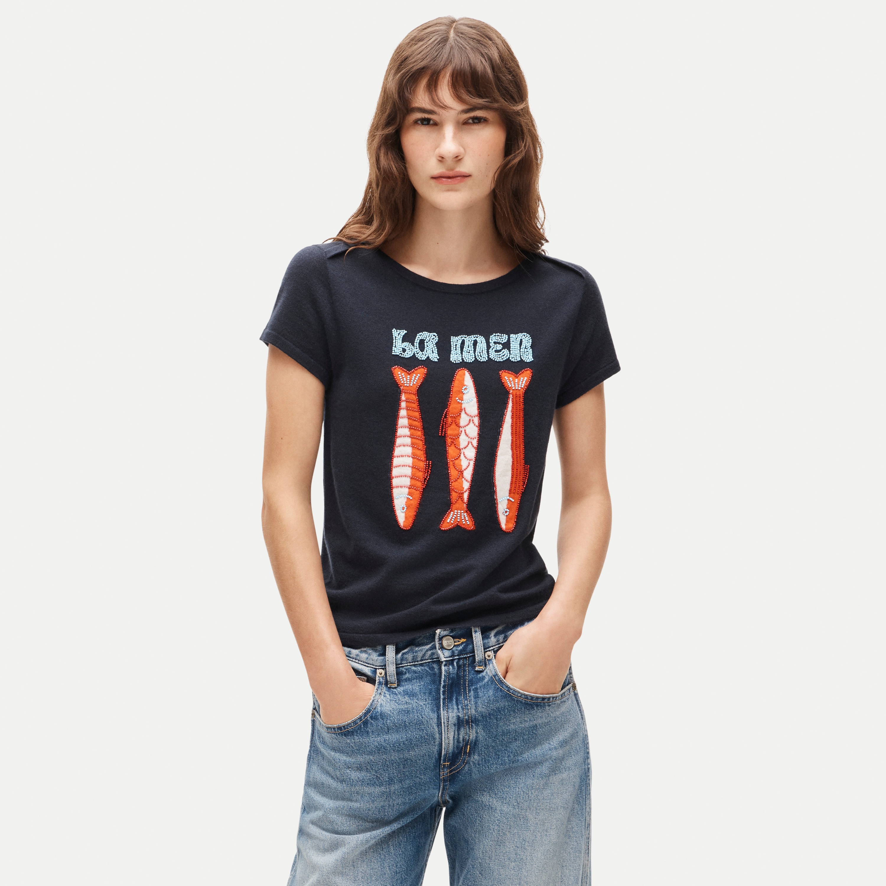 Featherweight cashmere beaded "La mer" graphic sweater-tee