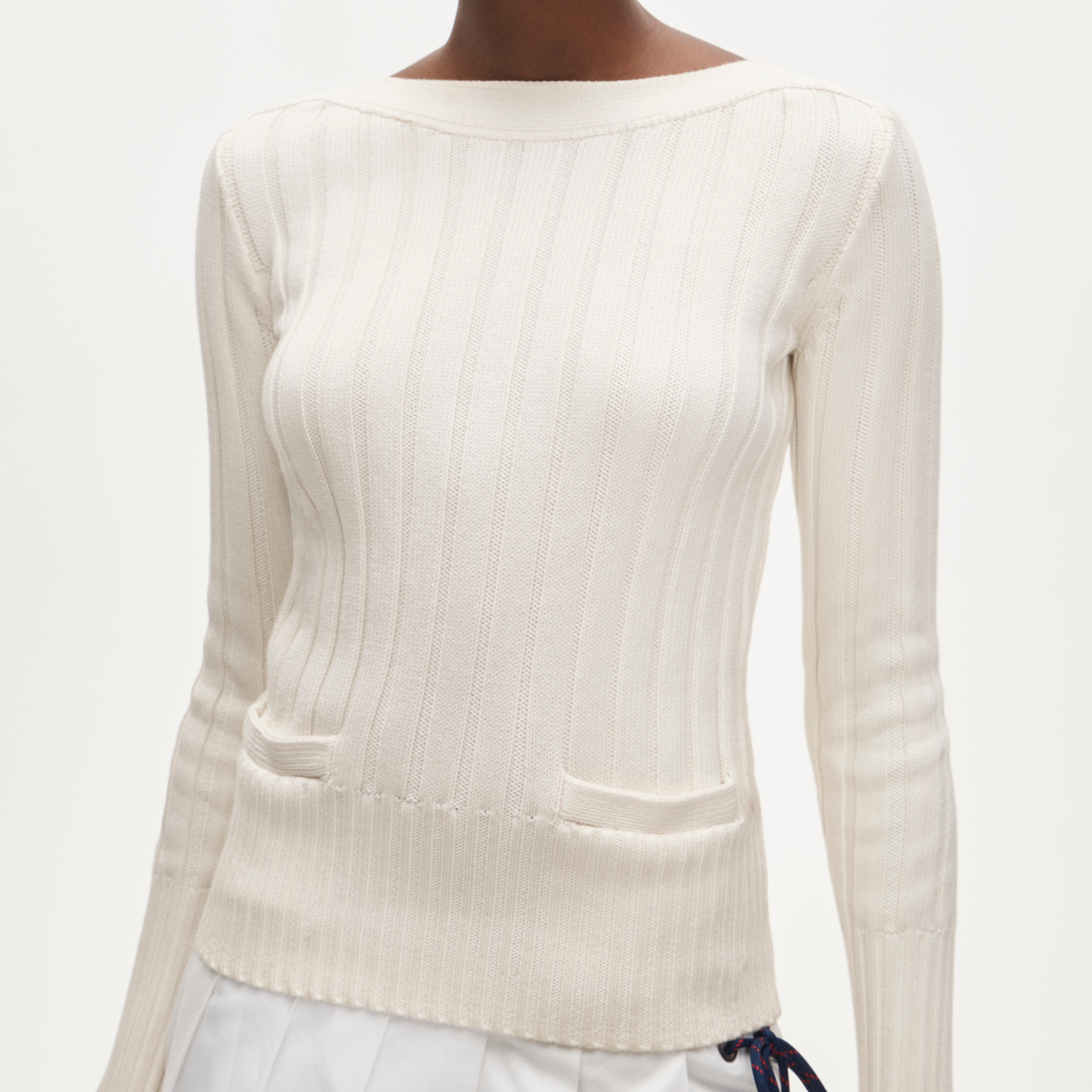 Cotton rib boatneck sweater with pockets