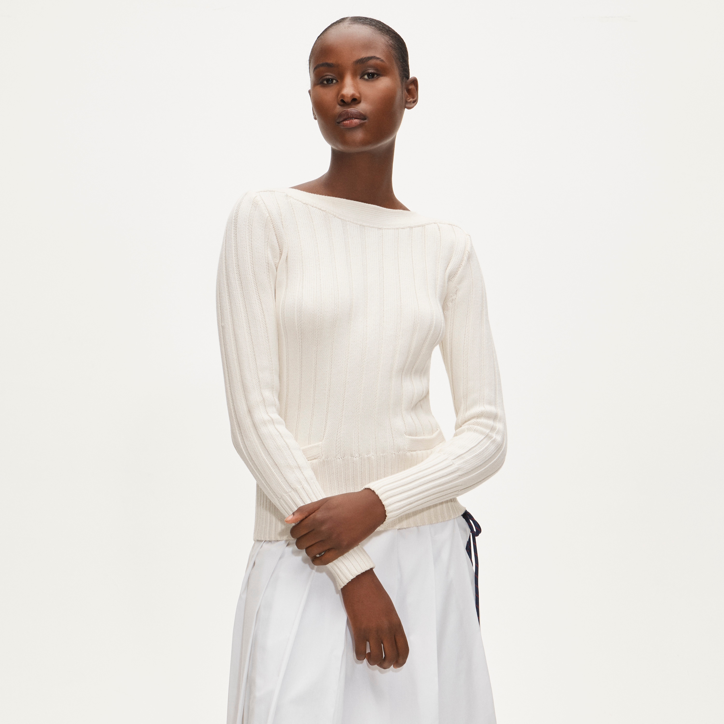 Cotton rib boatneck sweater with pockets