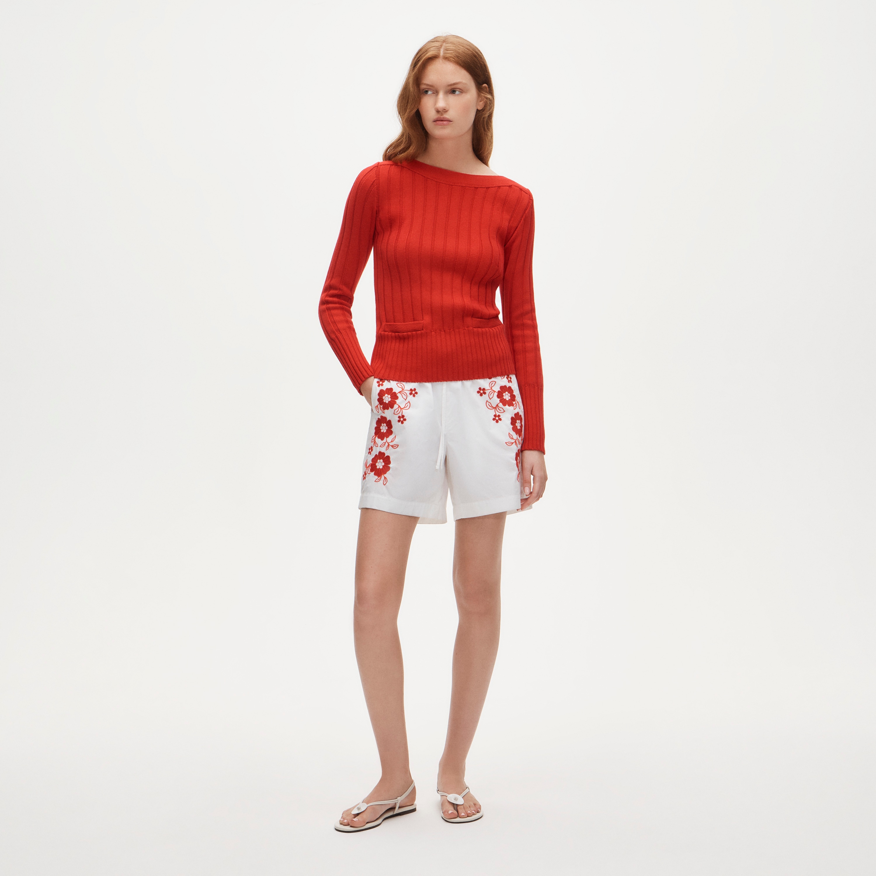 Cotton rib boatneck sweater with pockets