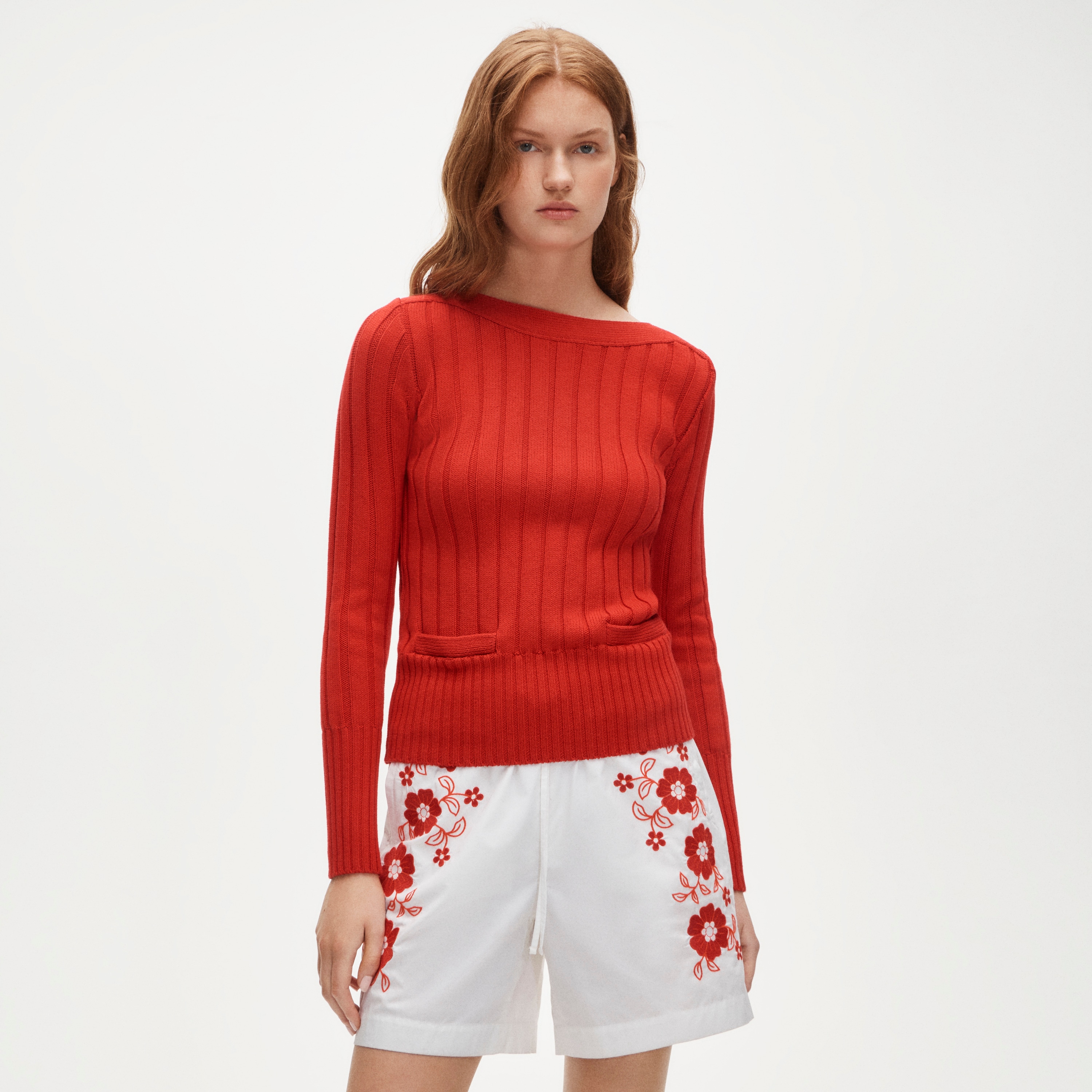 Cotton rib boatneck sweater with pockets