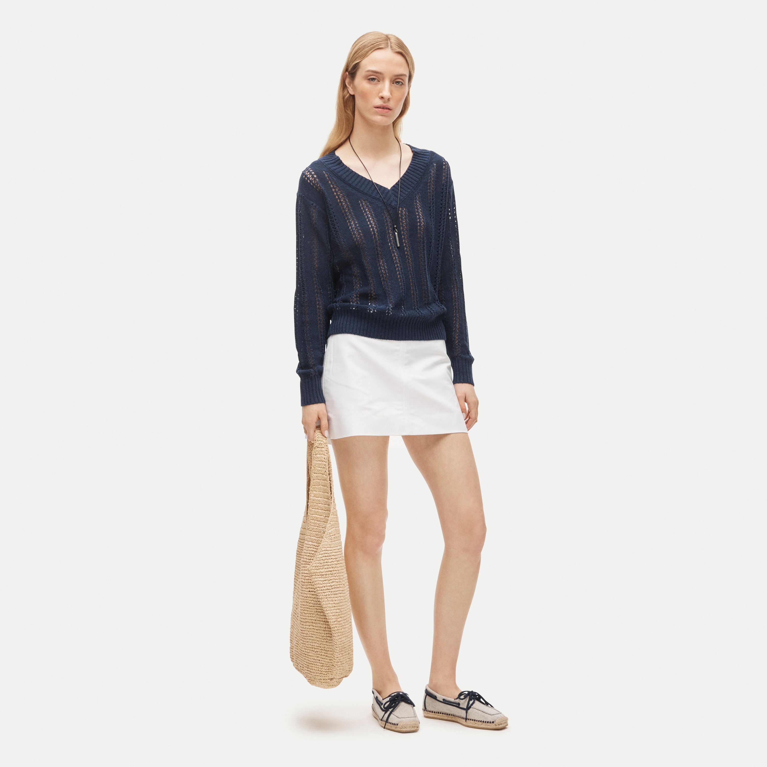 Open-knit V-neck sweater in linen blend