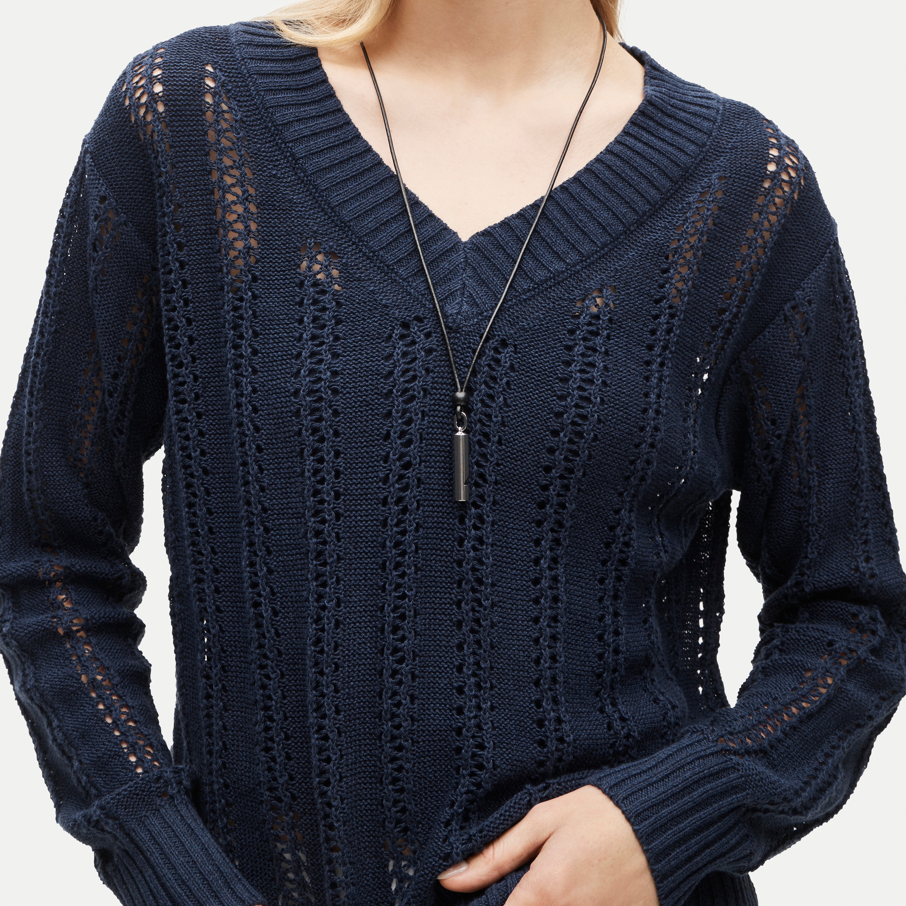 Open-knit V-neck sweater in linen blend