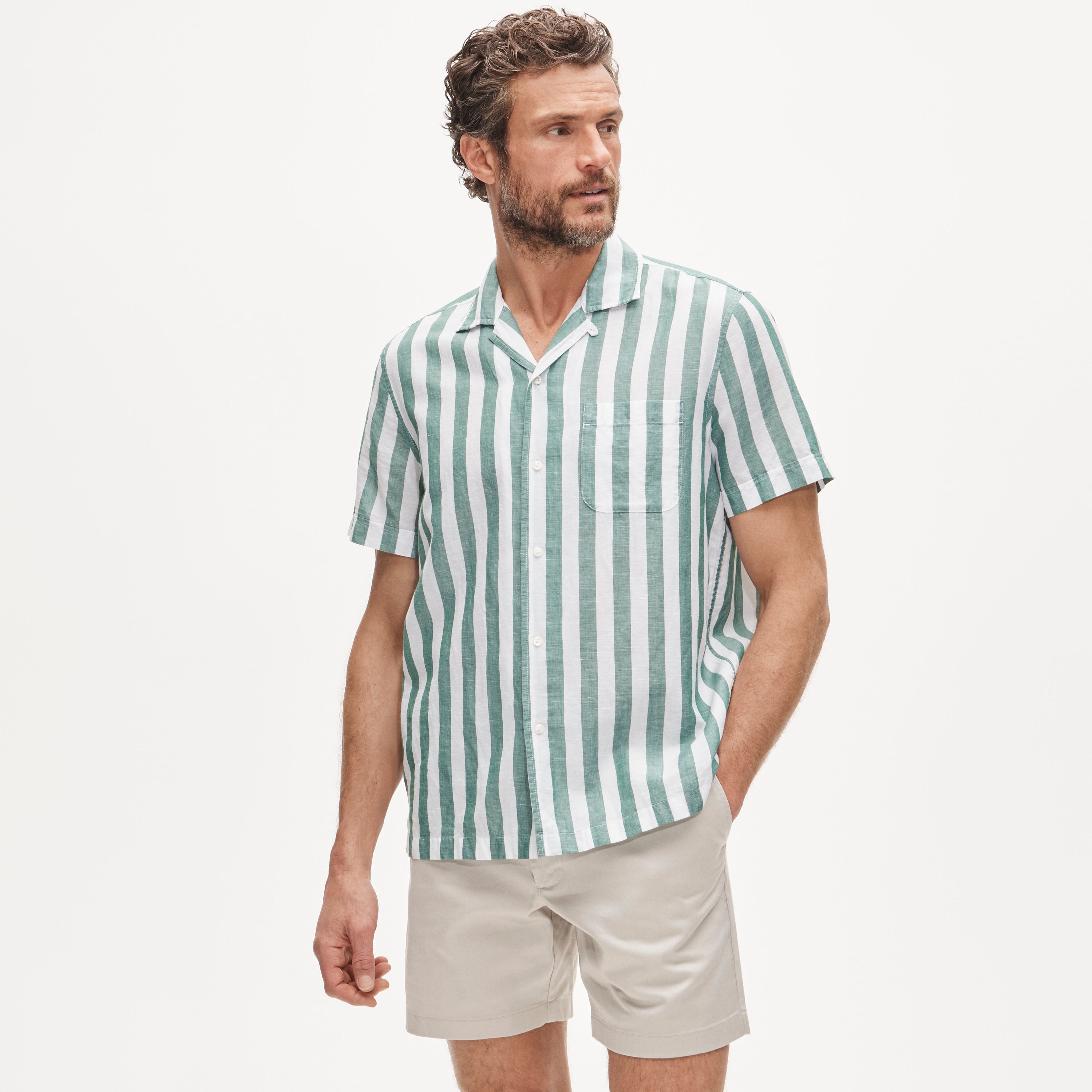 Short-sleeve camp-collar shirt in cotton linen–blend