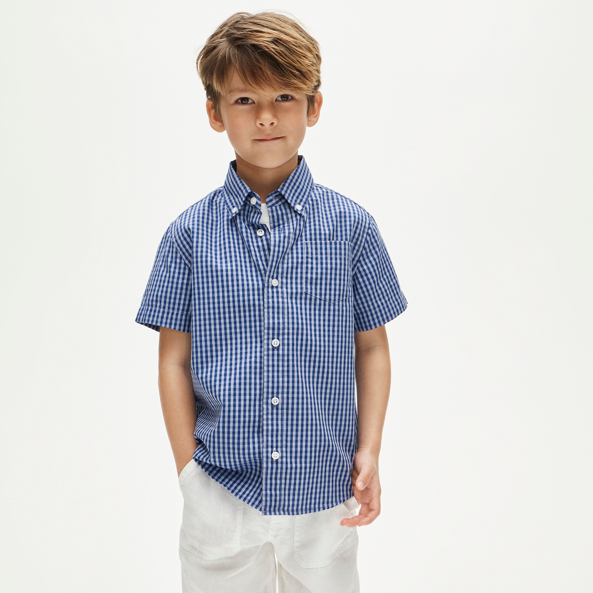 Kids' short-sleeve poplin button-down in gingham