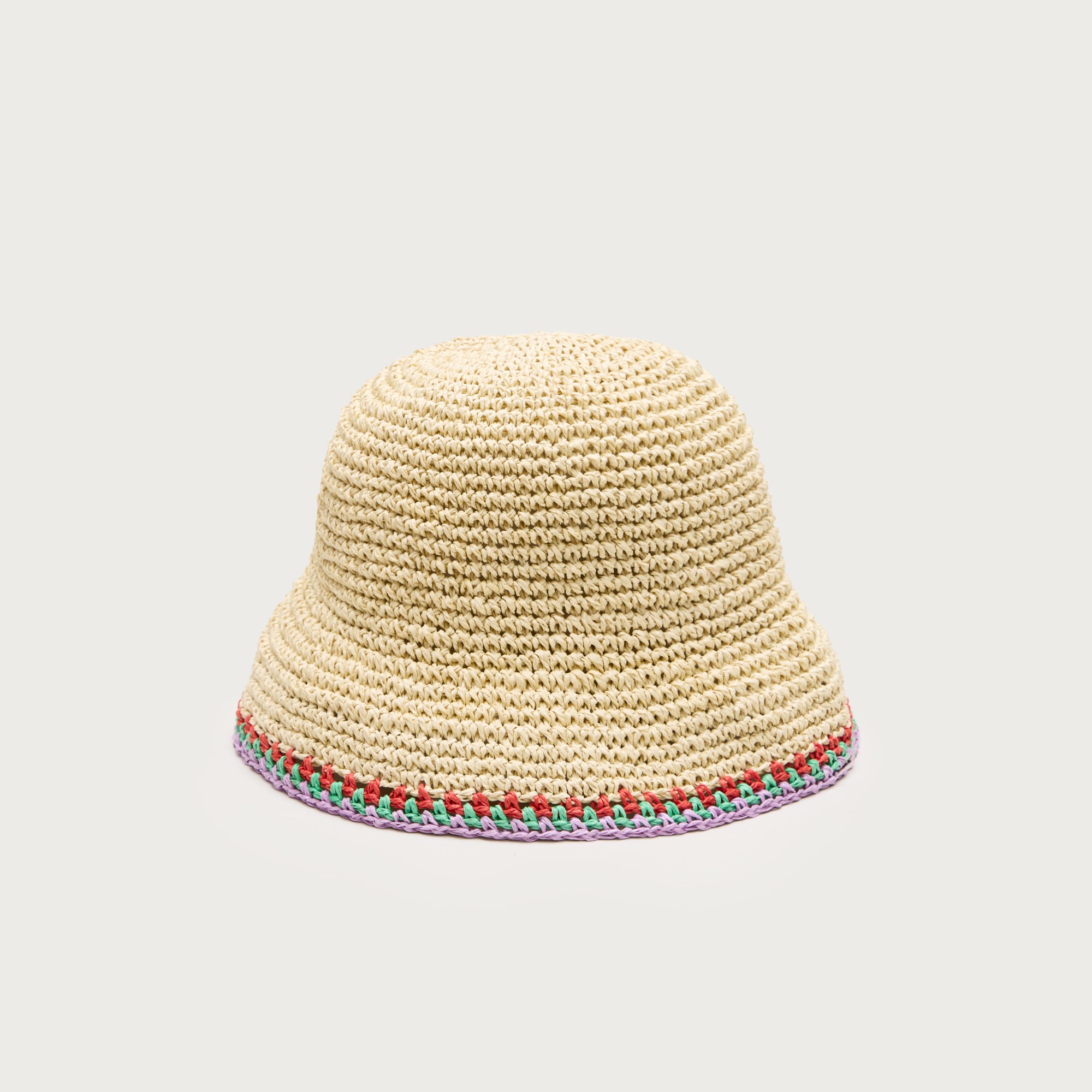 Straw bucket hat with crochet trim