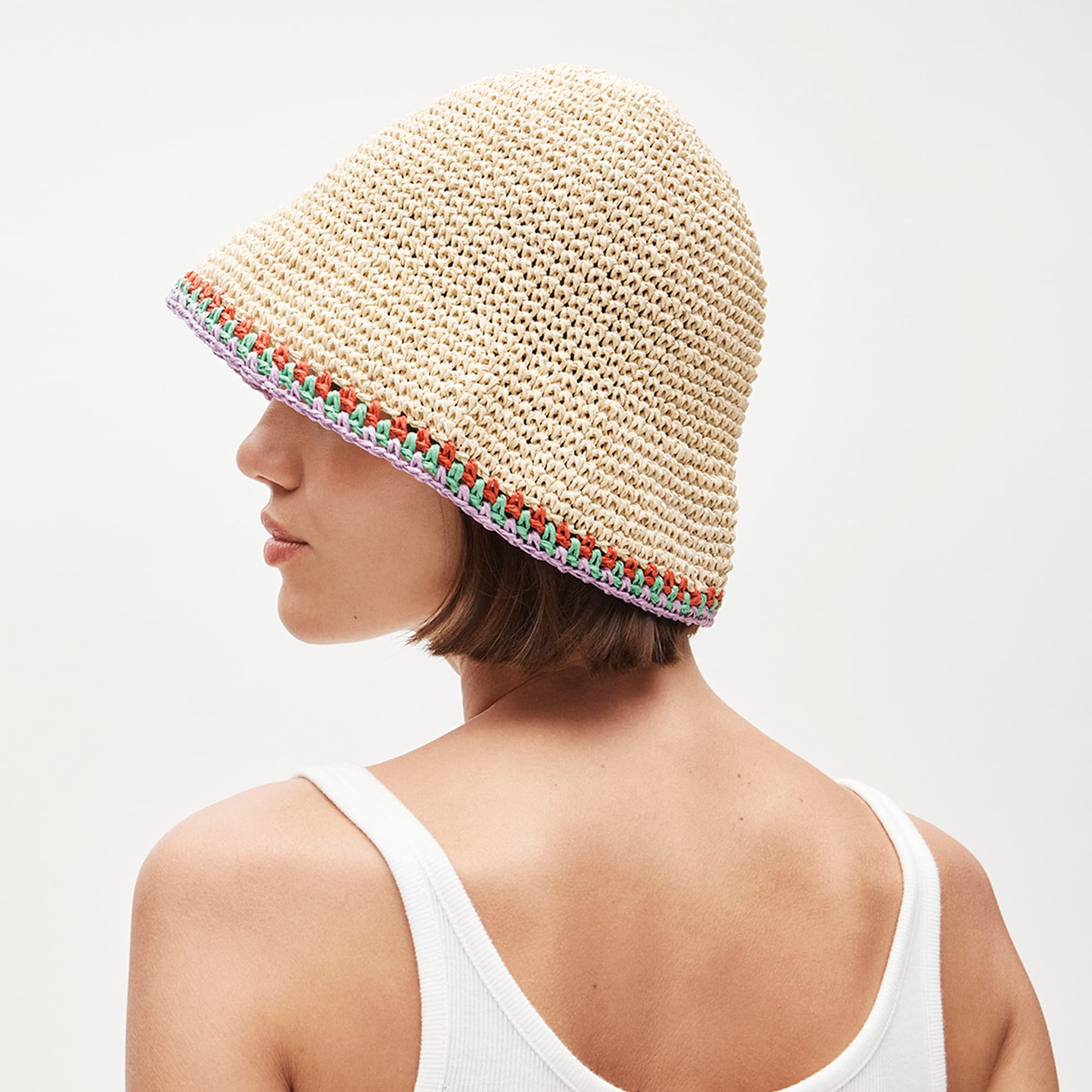 Straw bucket hat with crochet trim