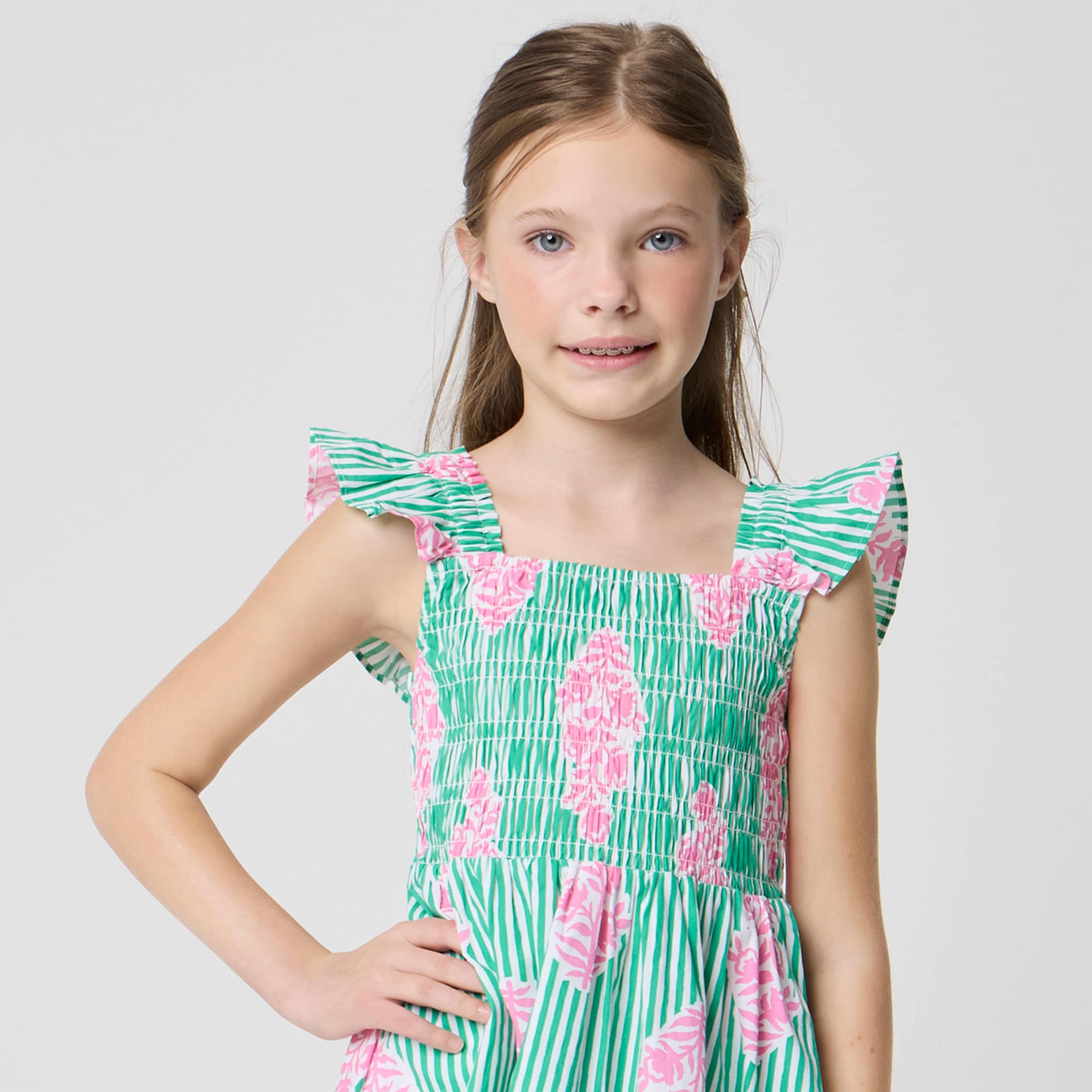 Girls' striped smocked dress