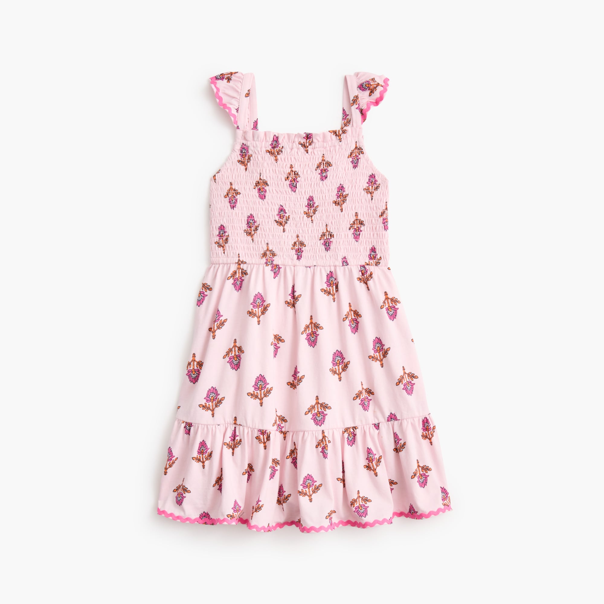 Girls' block-print smocked rickrack-trim dress