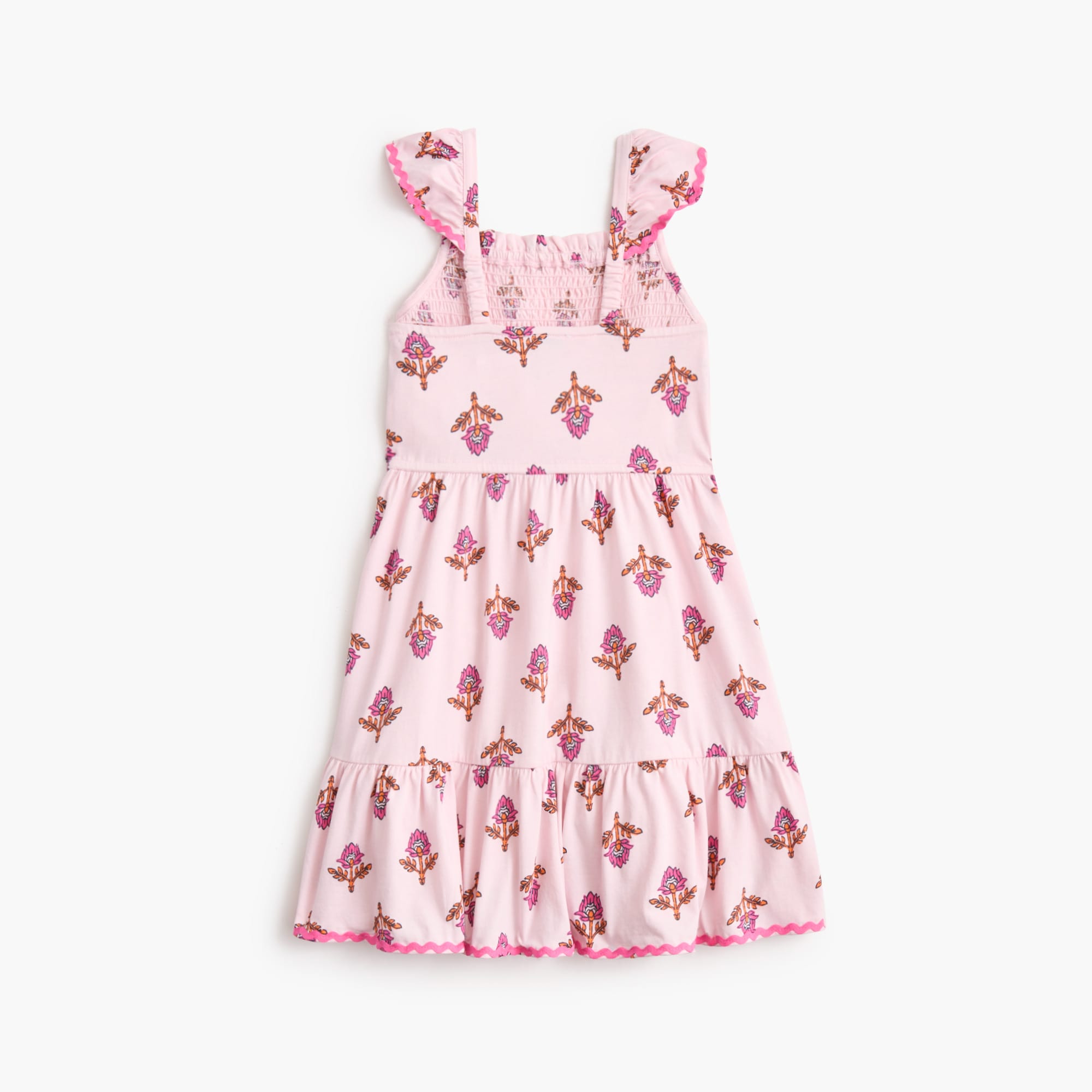 Girls' block-print smocked rickrack-trim dress