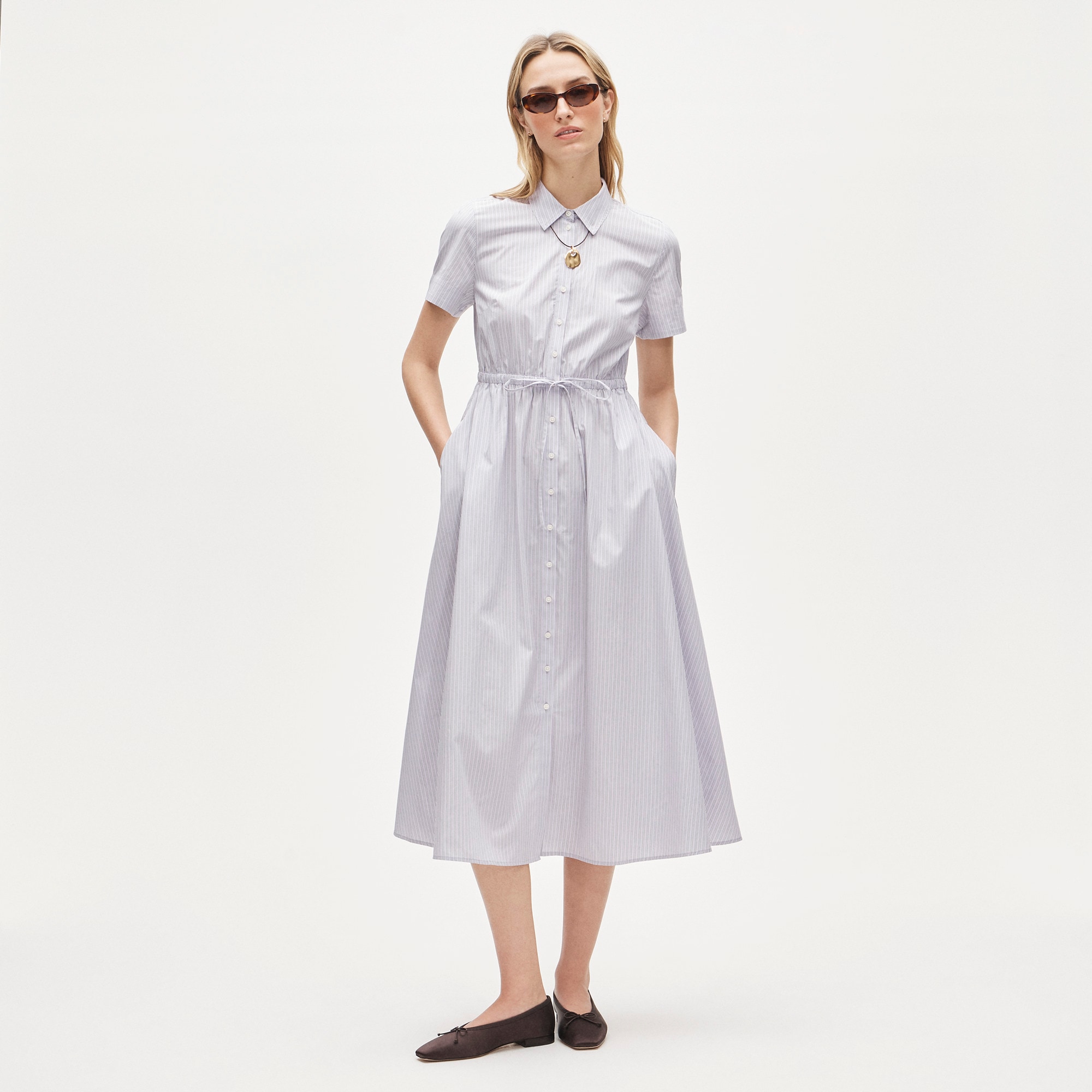Cerise shirt-dress in striped cotton poplin
