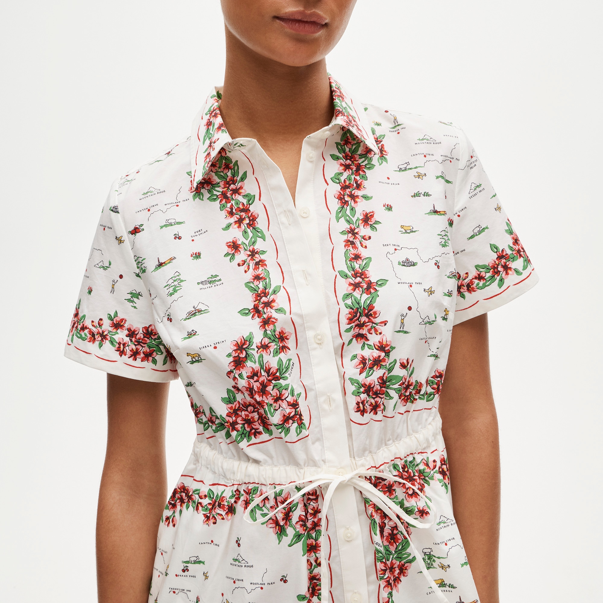 Cerise mini shirt-dress in map-print cotton poplin