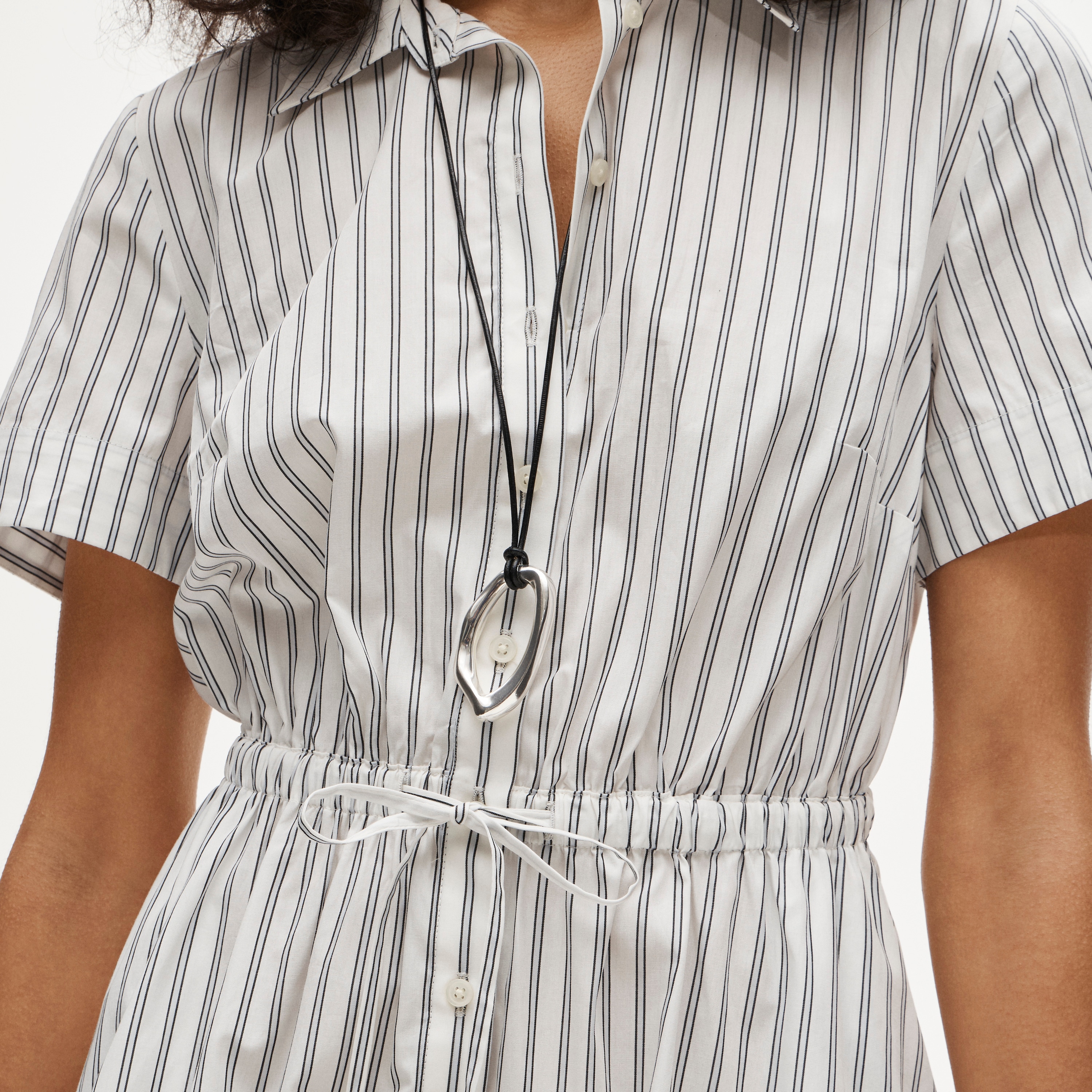 Cerise mini shirt-dress in striped cotton poplin