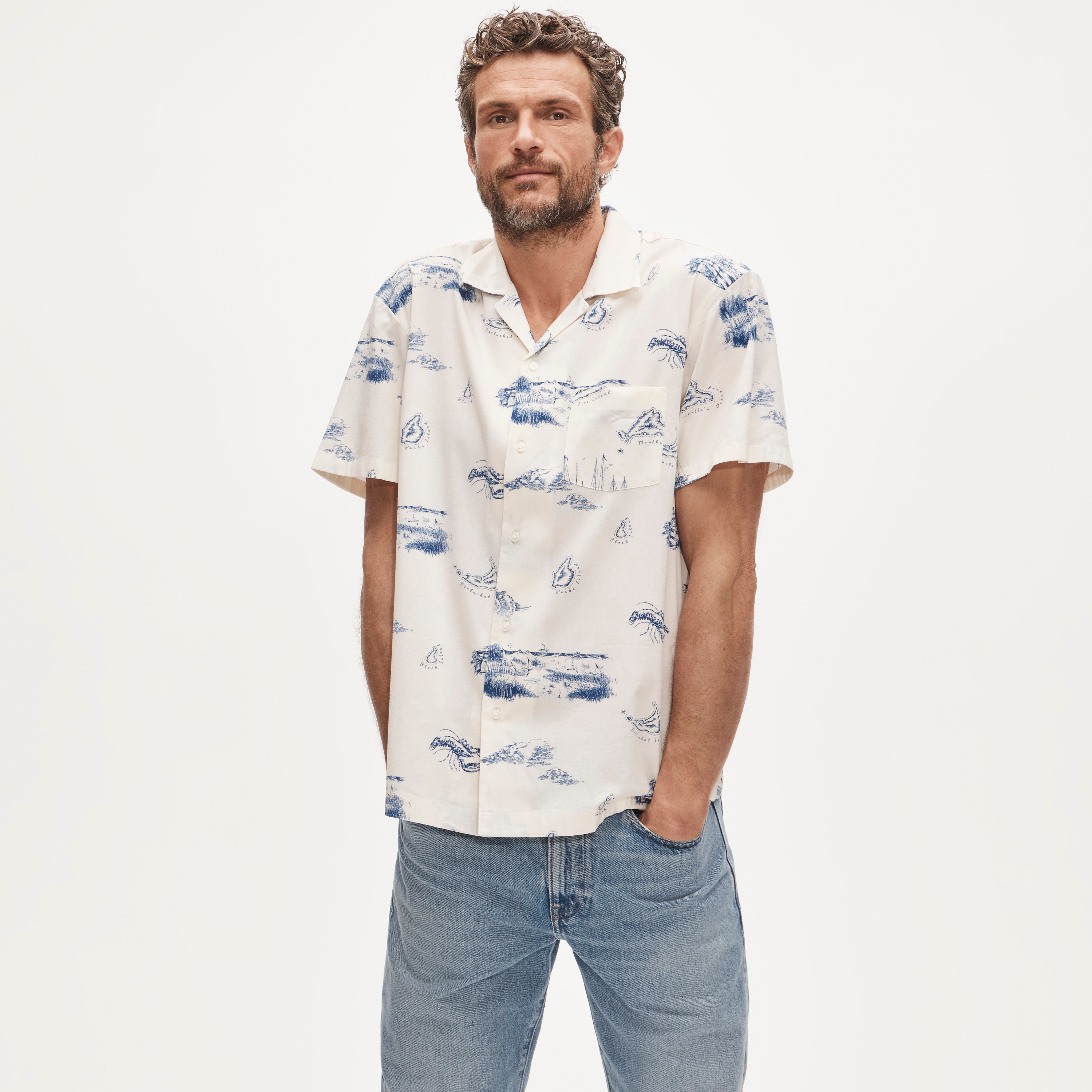 Short-sleeve camp-collar shirt in cotton-viscose blend