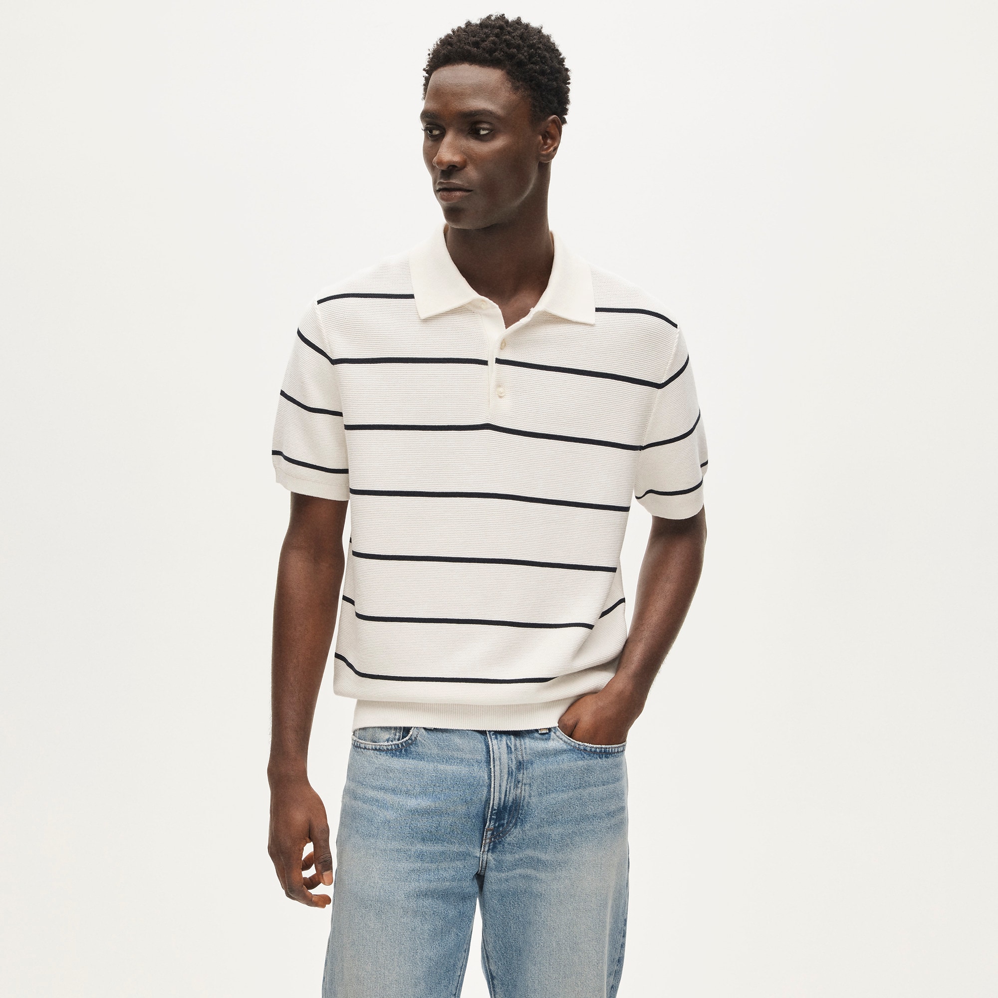 Short-sleeve Pima cotton sweater-polo in stripe