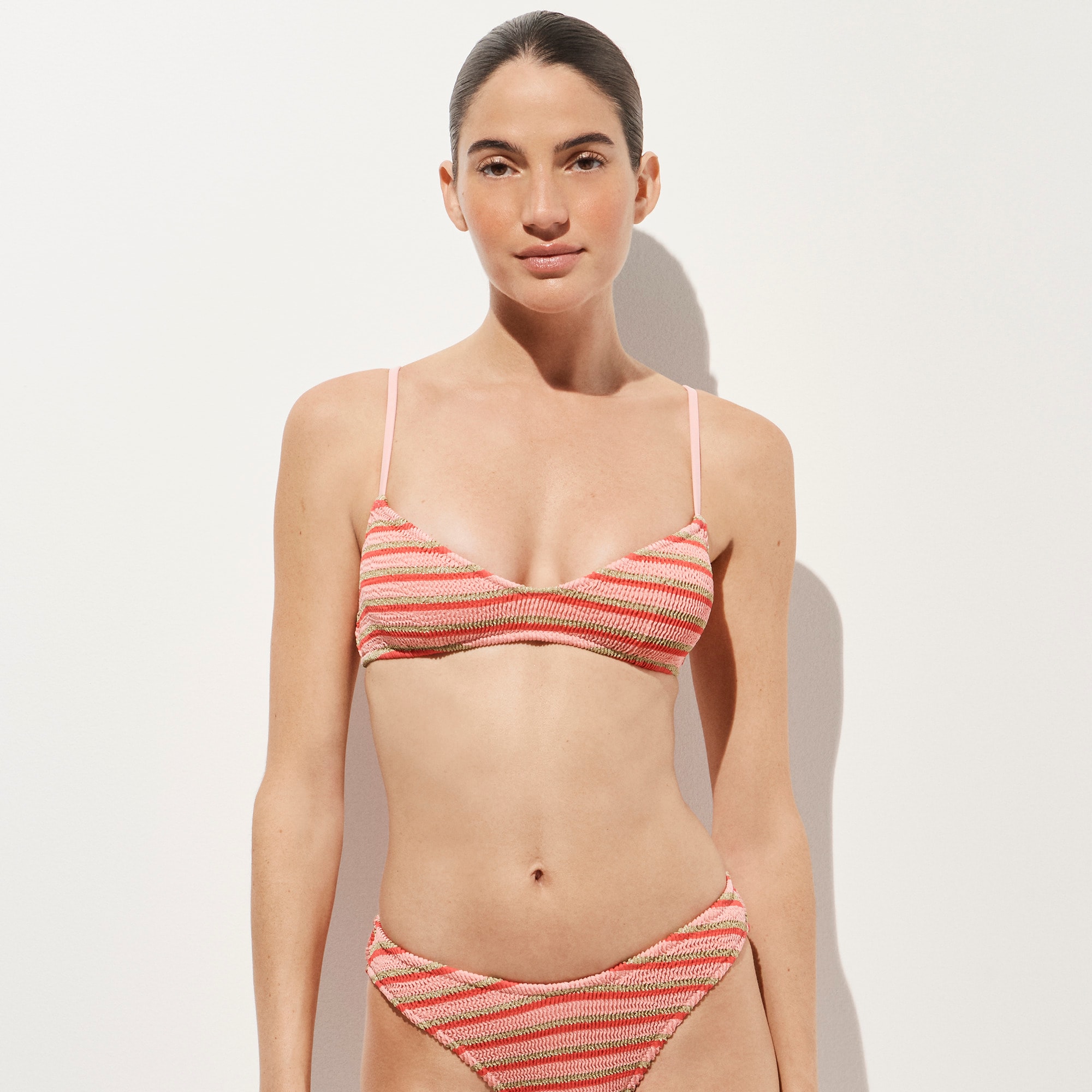 Odessa scrunchie bikini top in metallic stripe