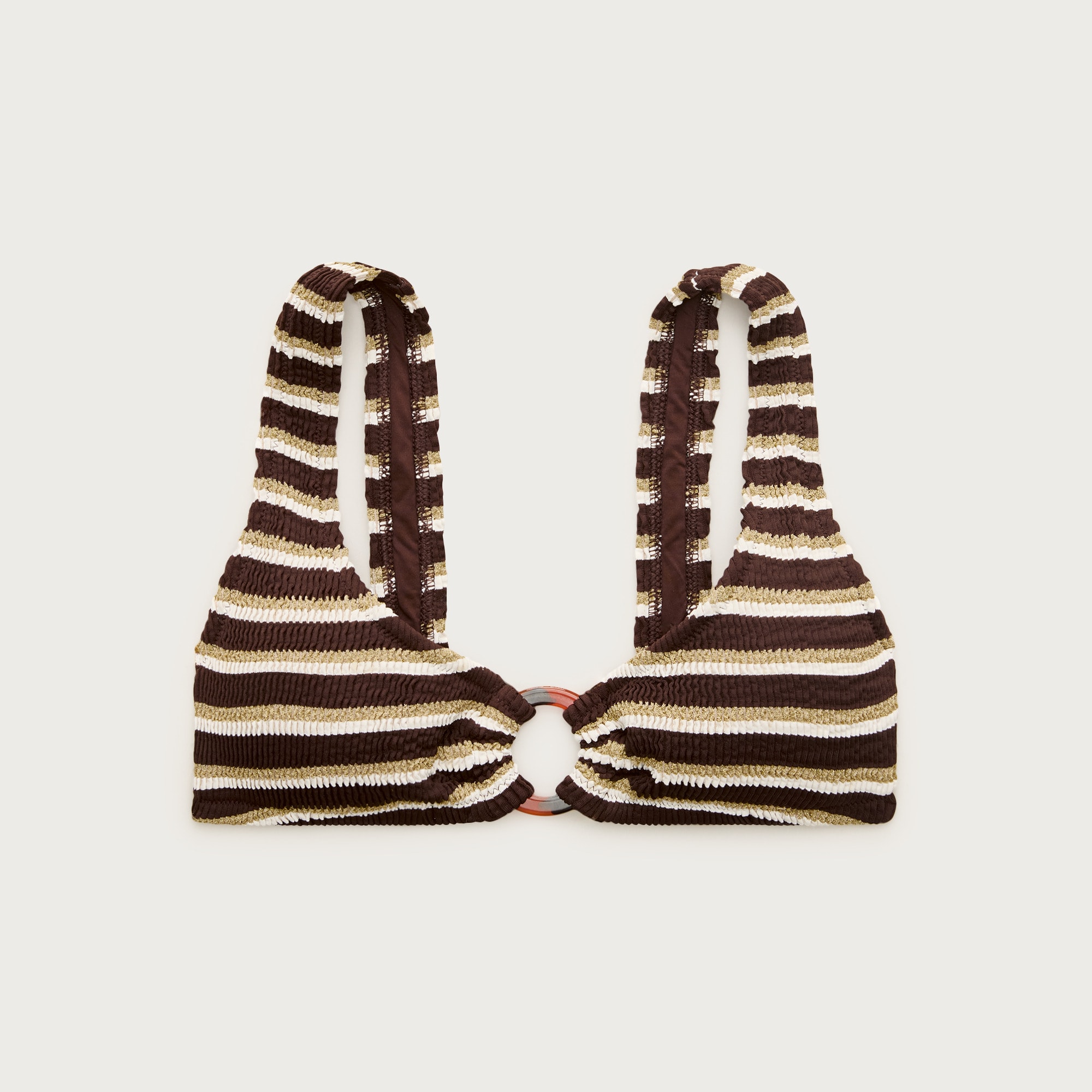 Claudia O-ring scrunchie bikini top in metallic stripe from J.Crew - $85