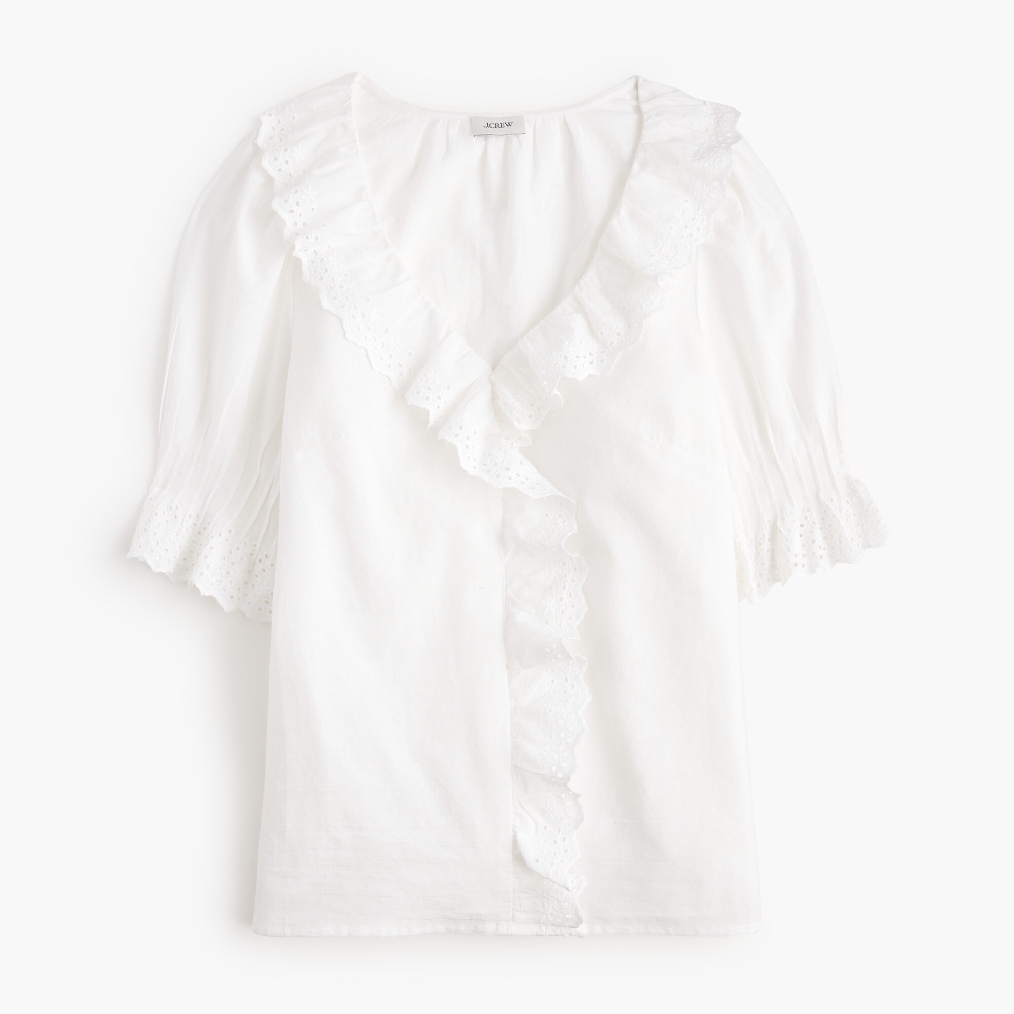 Eyelet ruffle-front top