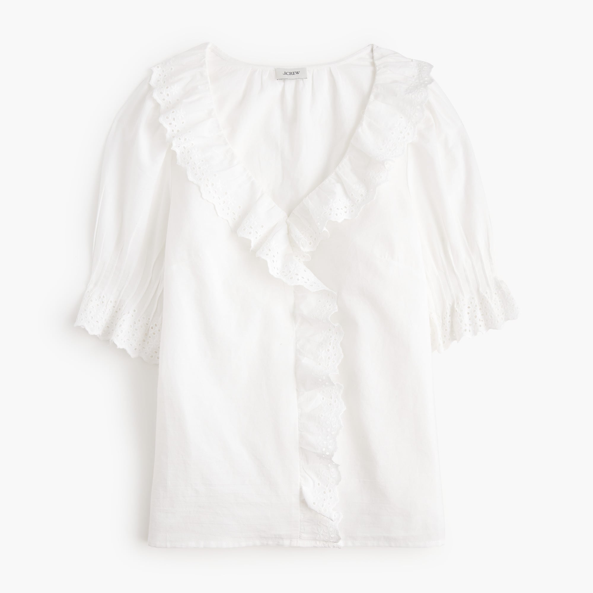Eyelet ruffle-front top