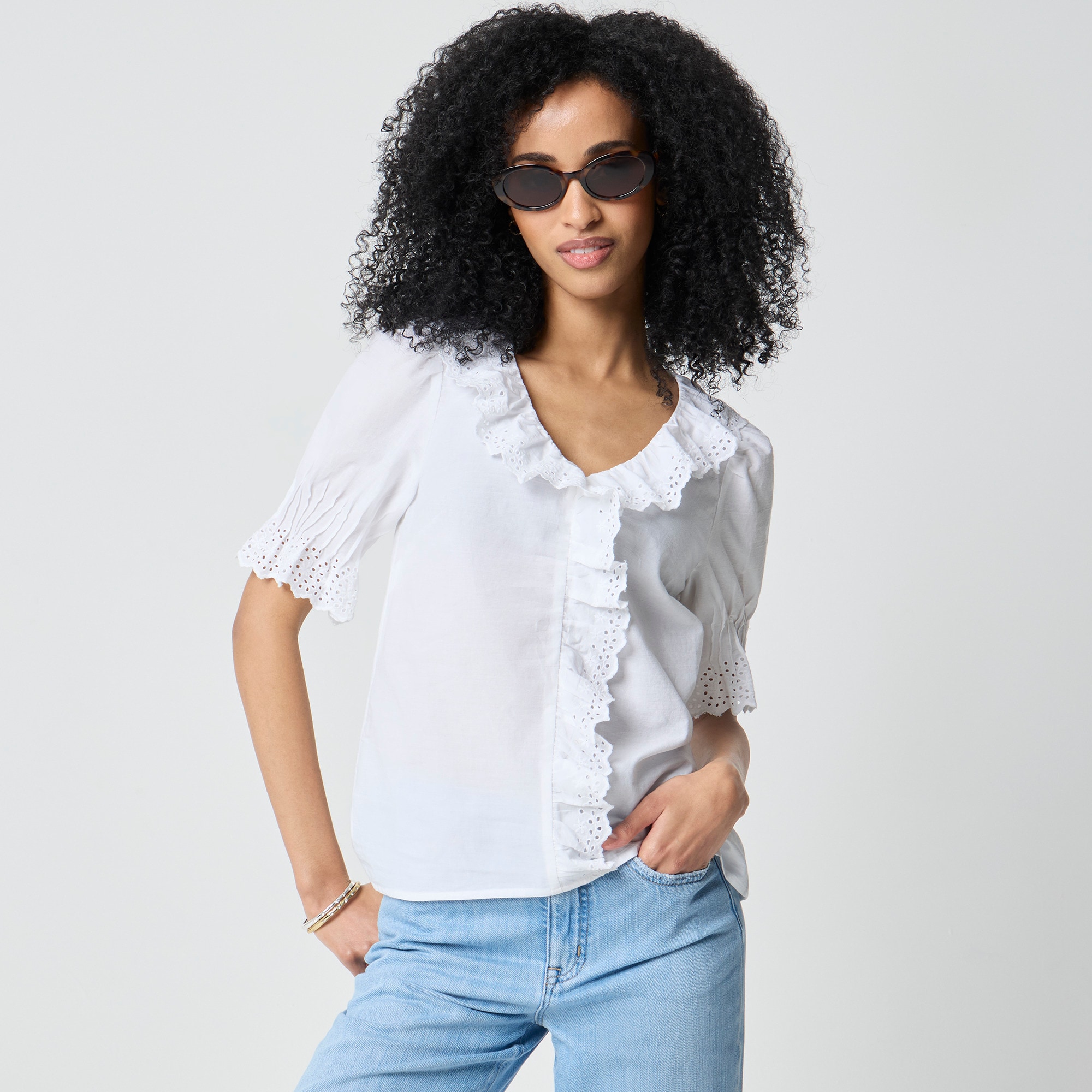 Eyelet ruffle-front top