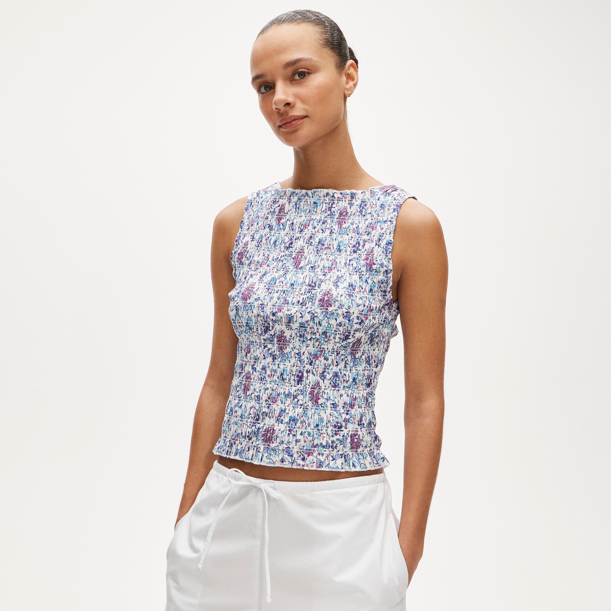 Smocked shell tank top in floral-print cotton