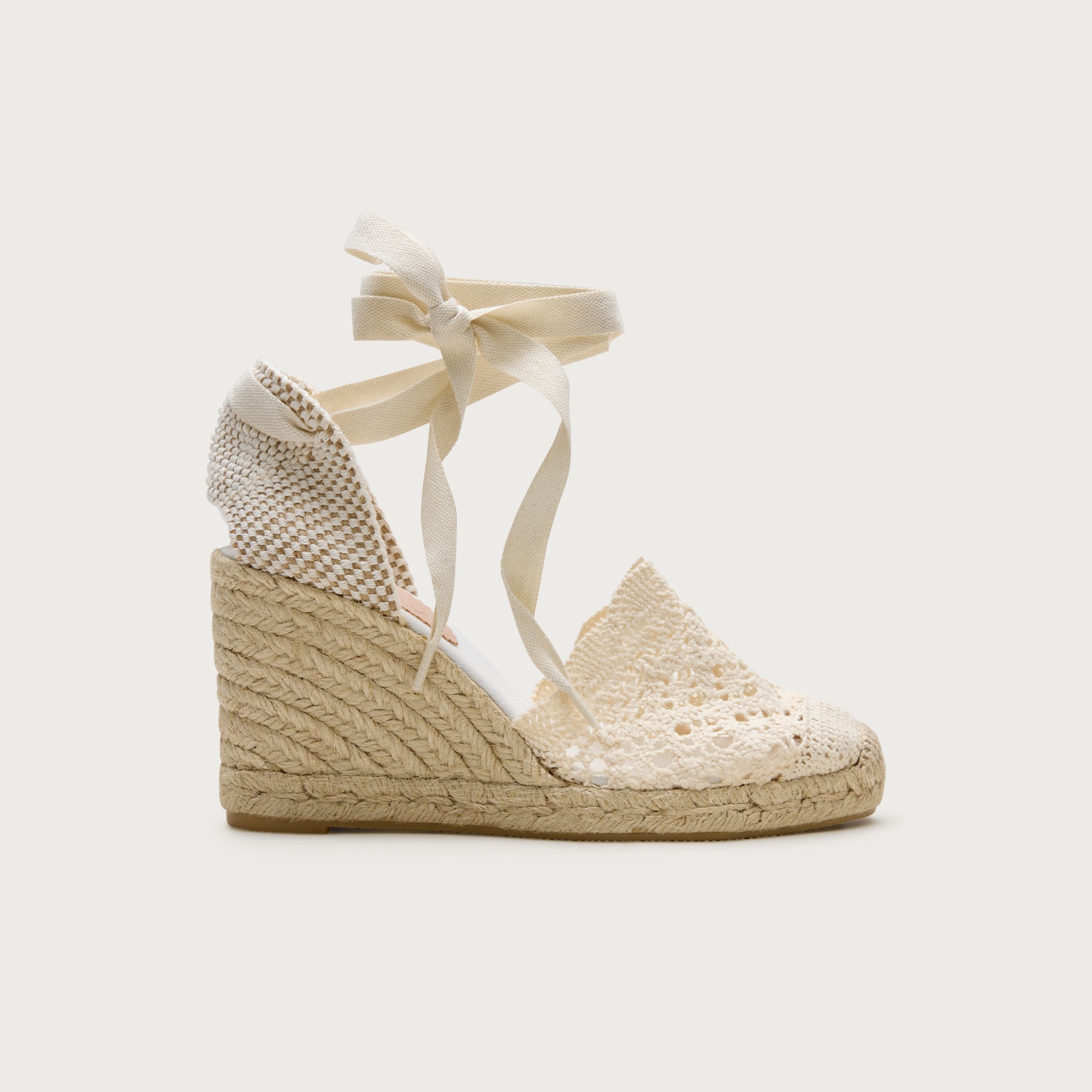 Made-in-Spain espadrille lace-up wedges with crochet