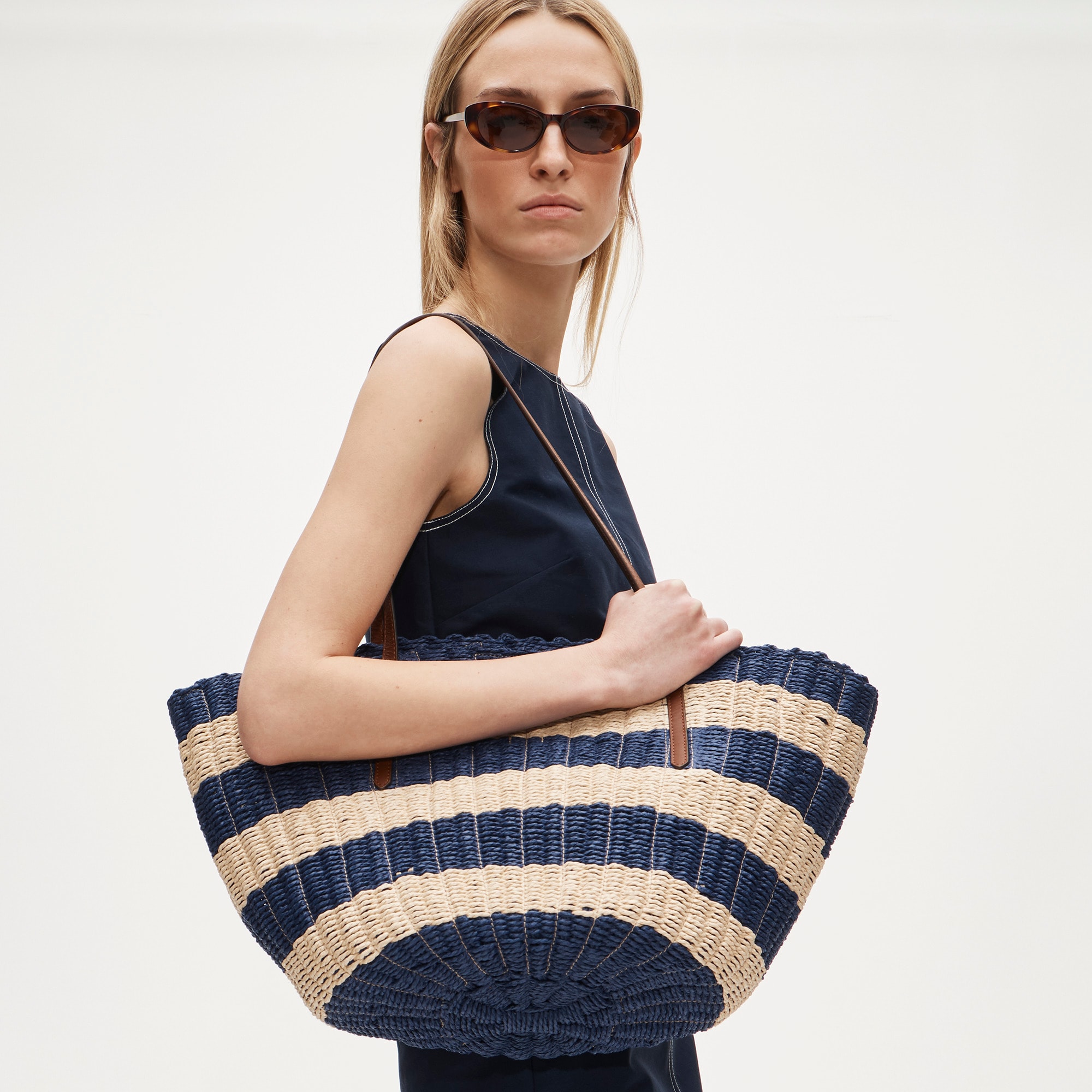 Striped woven straw tote