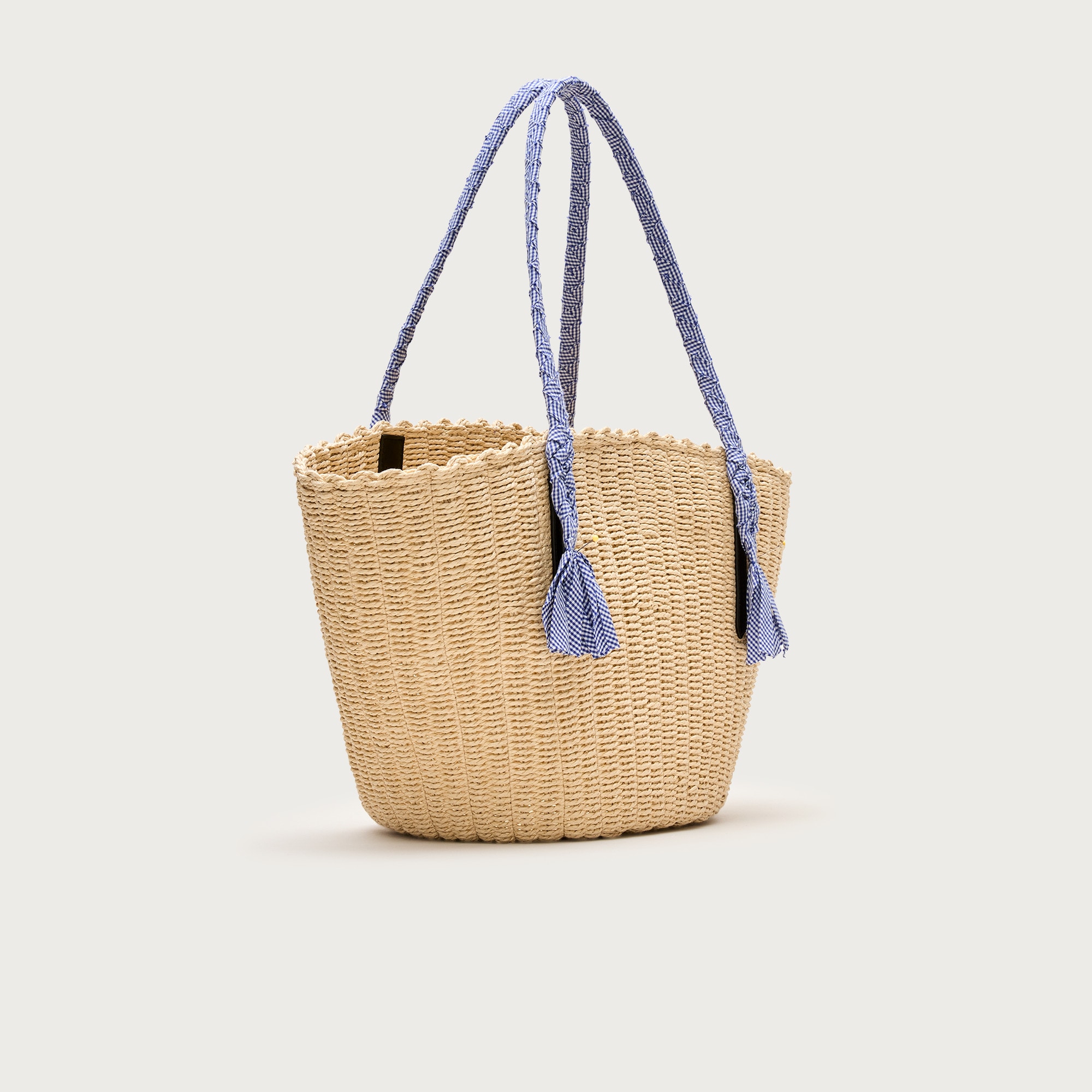 Como handwoven straw tote with gingham handles