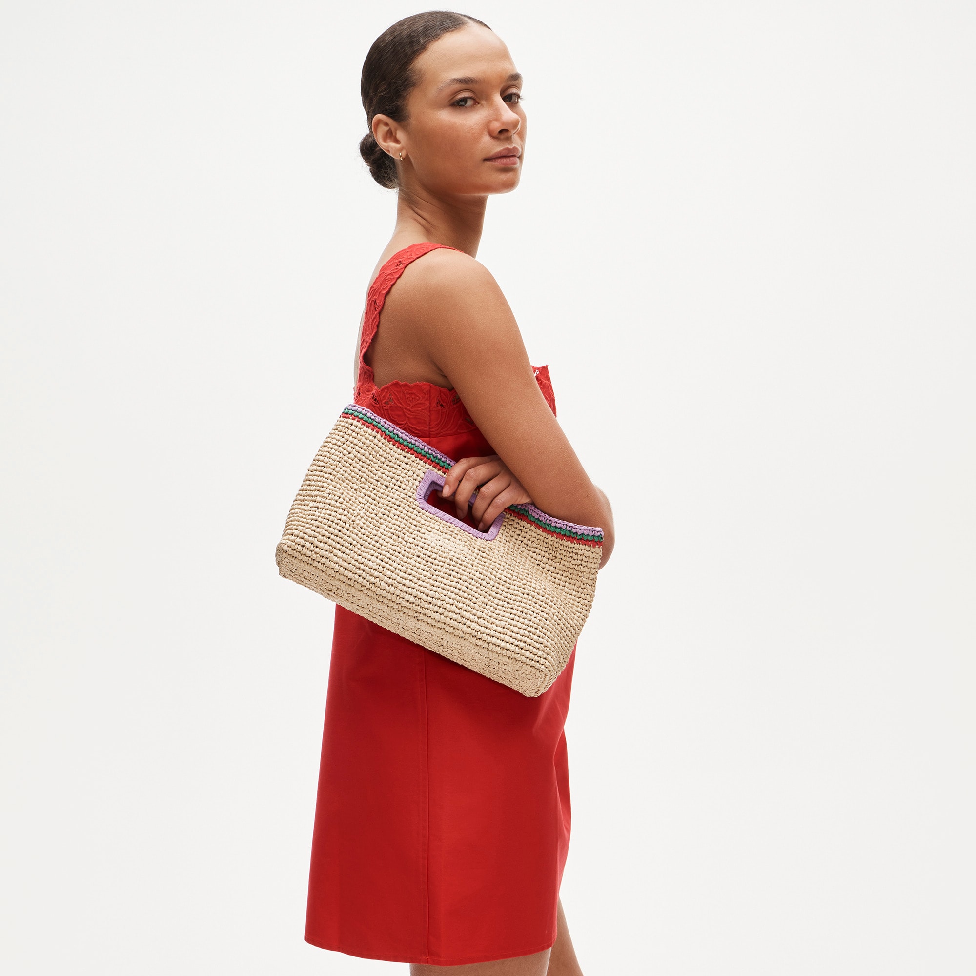 Handwoven straw rectangular clutch with contrast trim