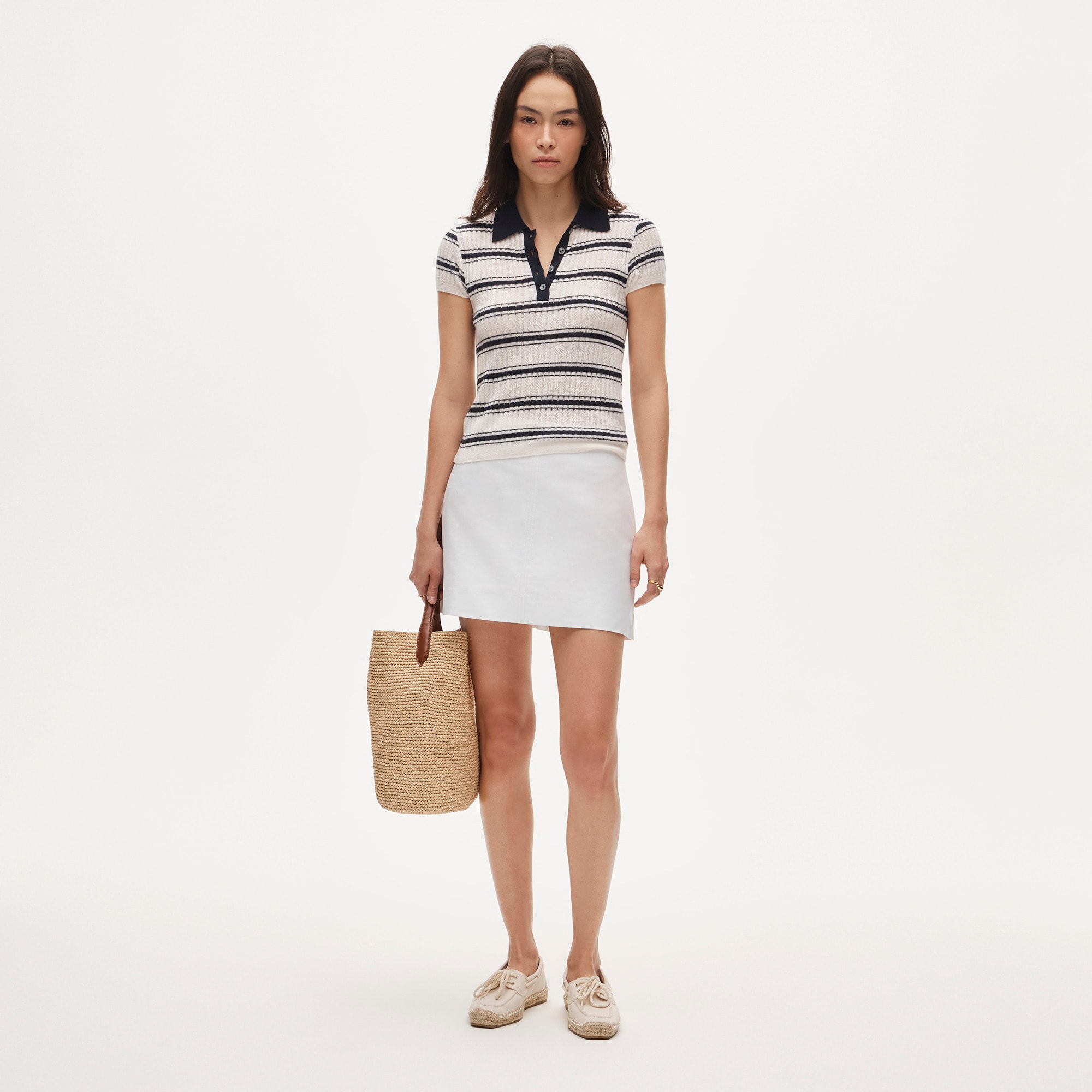 Featherweight cashmere pointelle sweater-polo in stripe - image 3