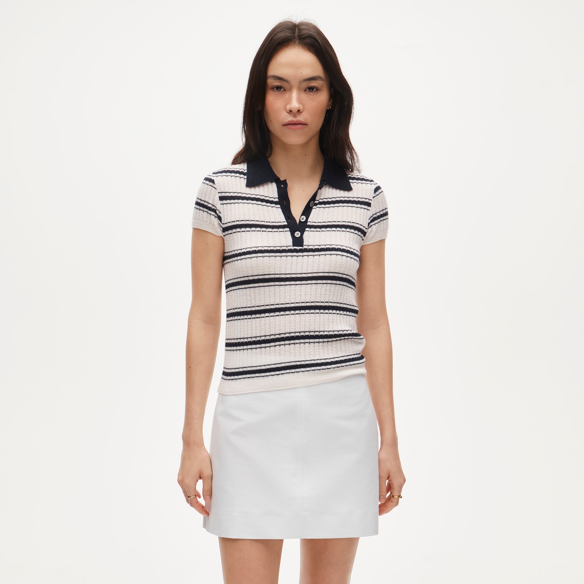 Featherweight cashmere pointelle sweater-polo in stripe - image 2
