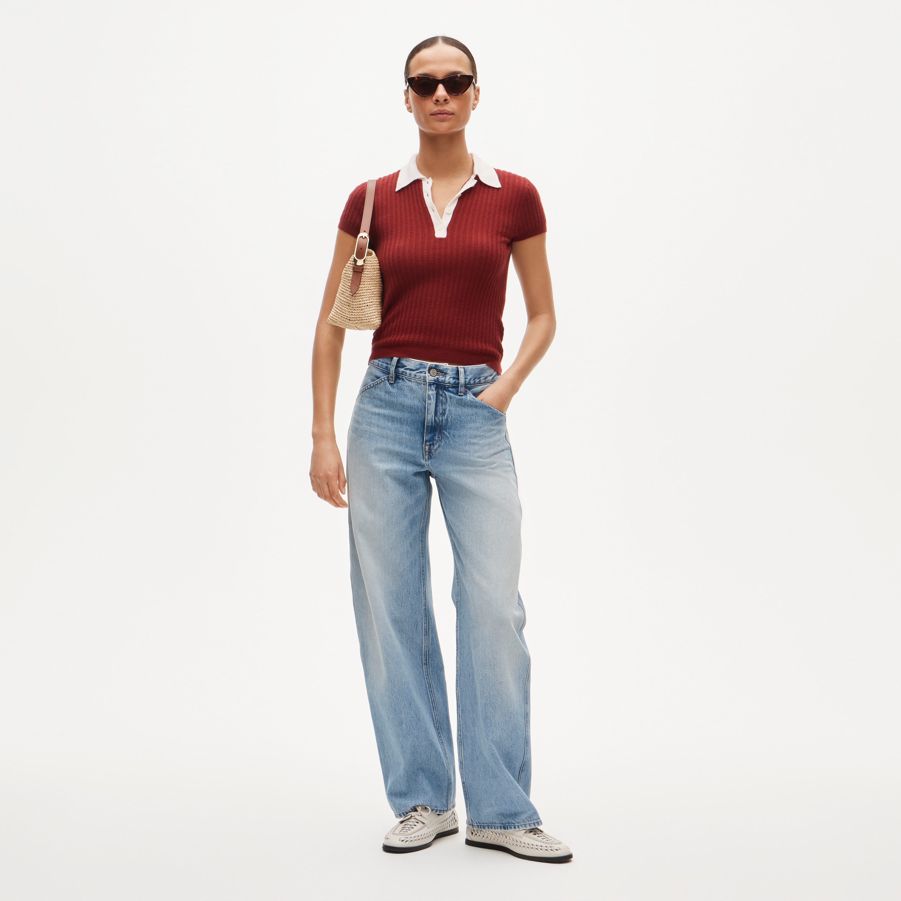 Featherweight cashmere pointelle sweater-polo with contrast collar - image 3