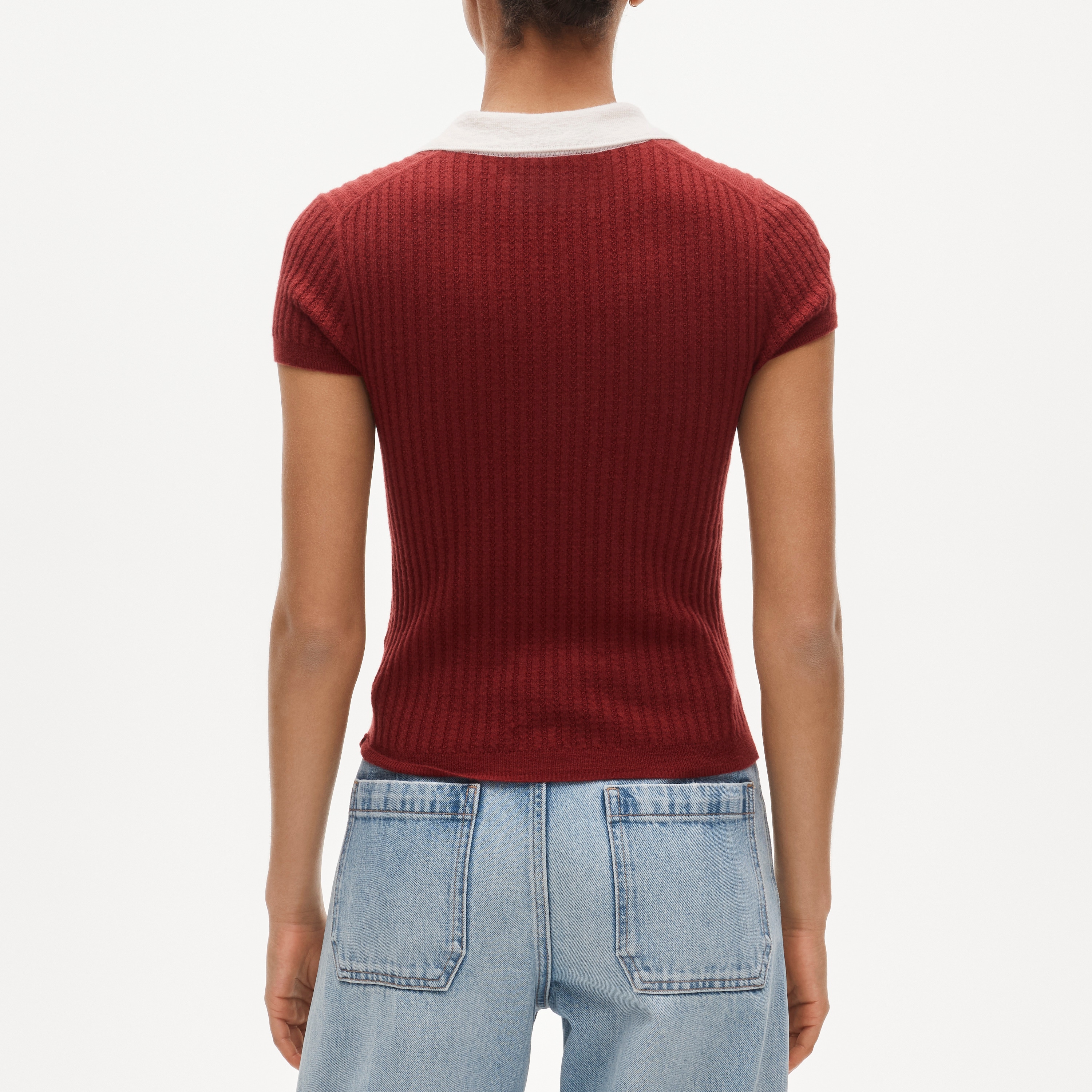 Featherweight cashmere pointelle sweater-polo with contrast collar - image 5