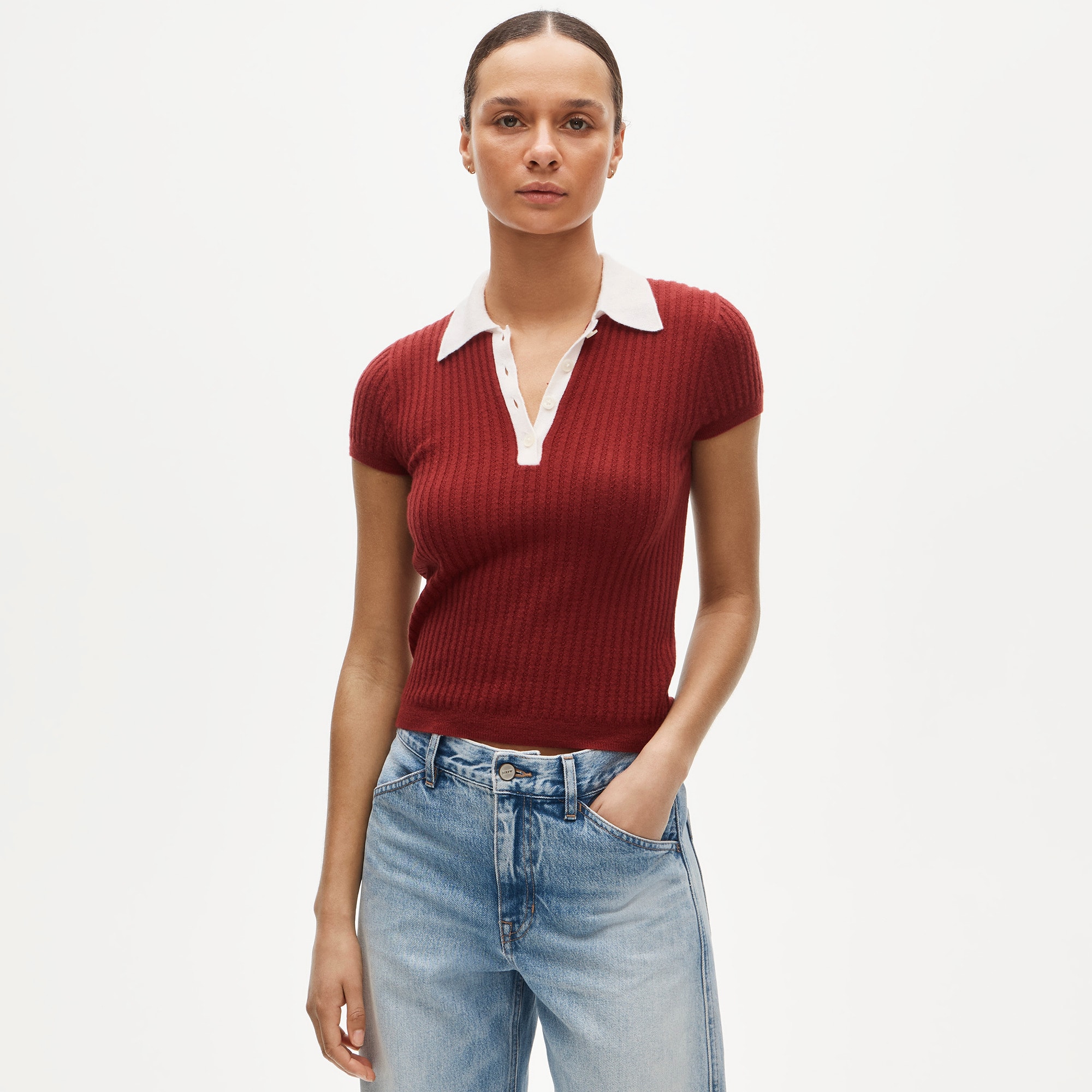 Featherweight cashmere pointelle sweater-polo with contrast collar - image 2